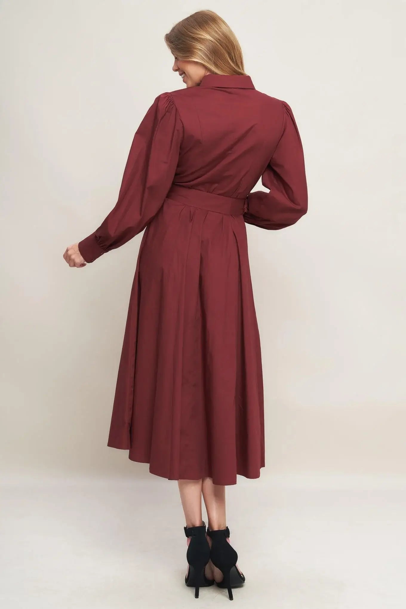 MODERN FEMME BURGUNDY WOVEN MIDI DRESS - Flying Tomato - Flyclothing LLC