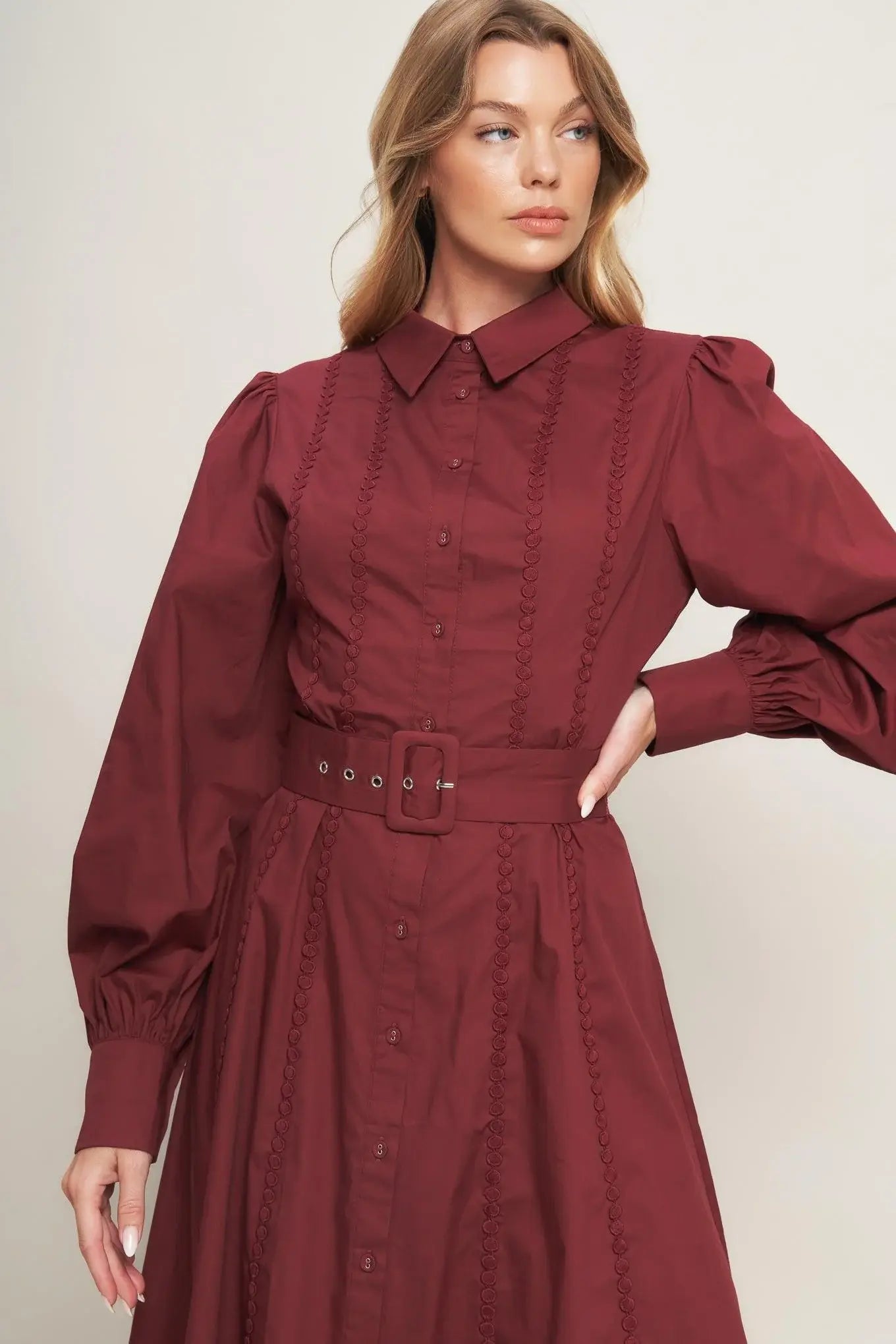 MODERN FEMME BURGUNDY WOVEN MIDI DRESS - Flying Tomato - Flyclothing LLC