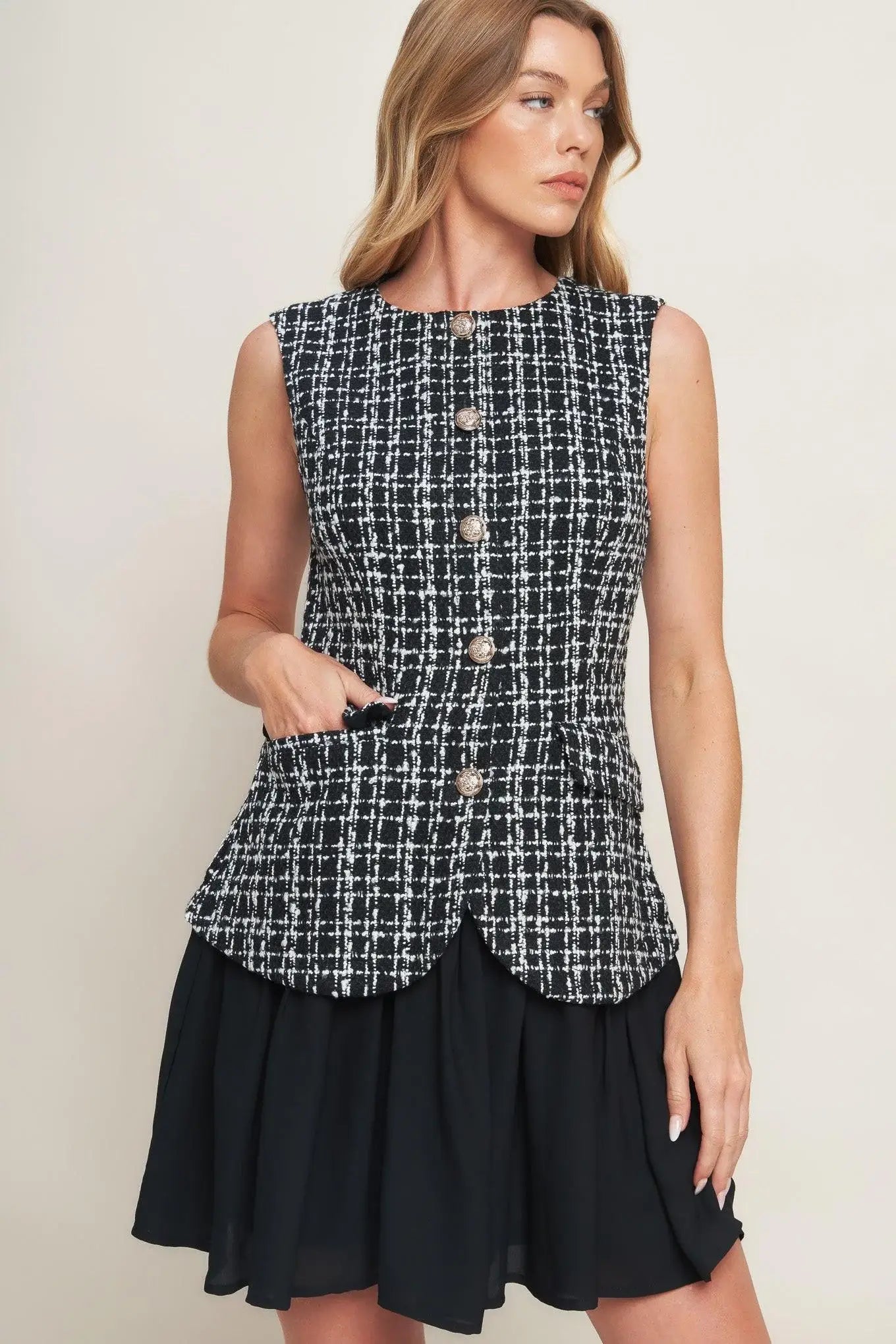 MODERN ICON TWEED WOVEN MINI DRESS - Flying Tomato - Flyclothing LLC
