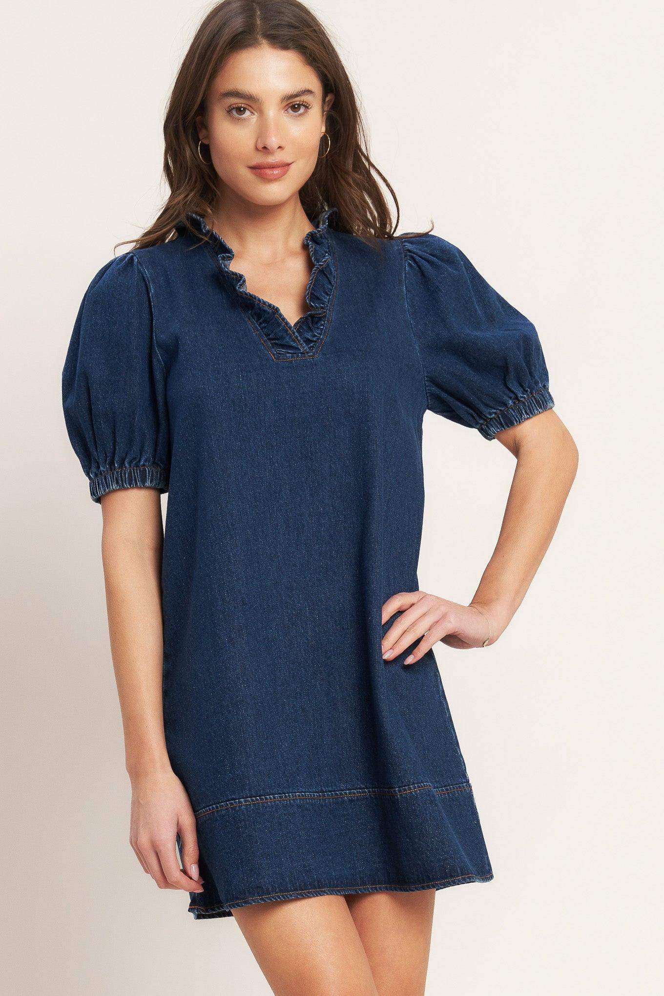 MODERN FOLK TOUCH DNIM MINI DRESS - Flying Tomato - Flyclothing LLC