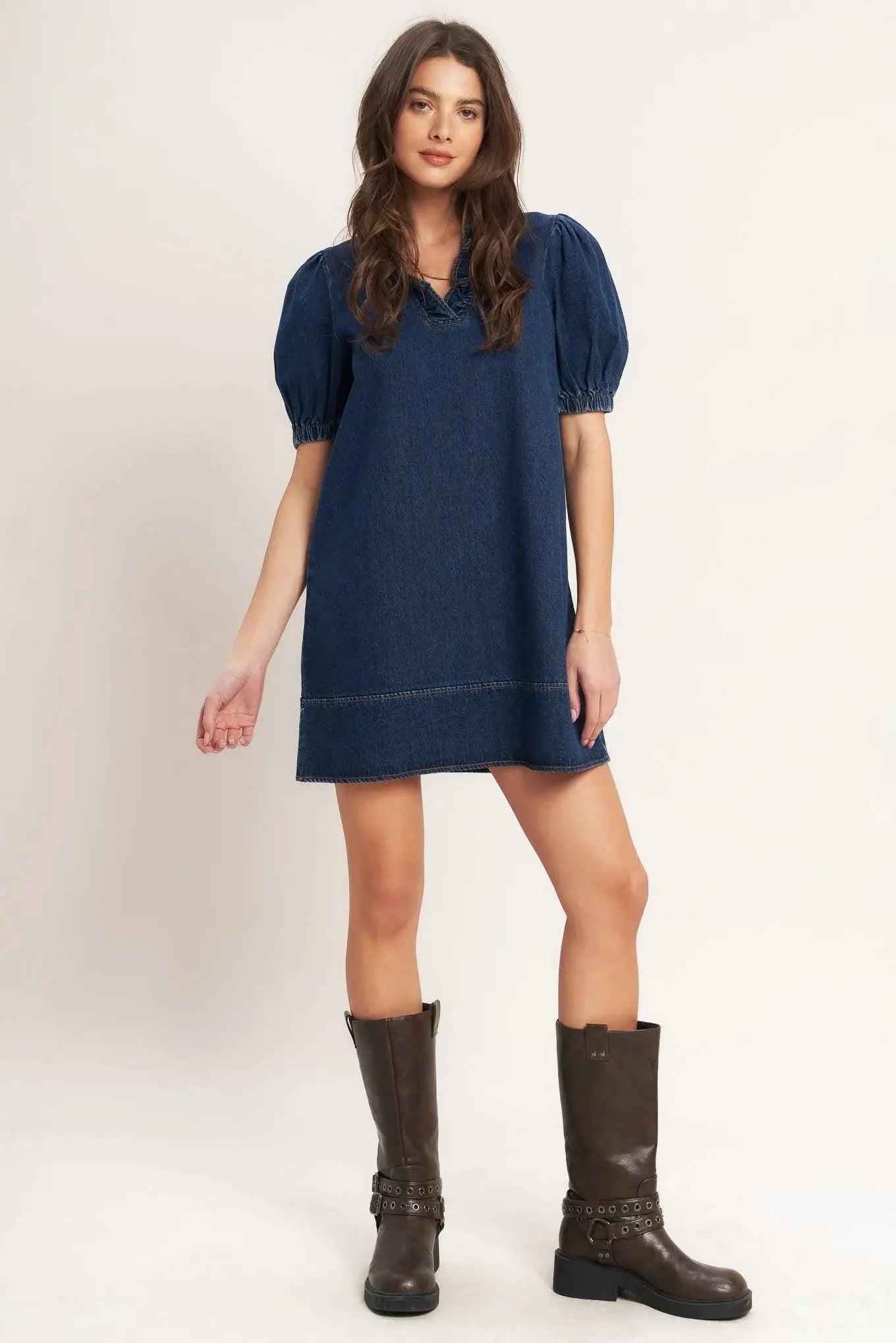 MODERN FOLK TOUCH DNIM MINI DRESS - Flying Tomato - Flyclothing LLC