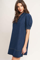 MODERN FOLK TOUCH DNIM MINI DRESS - Flying Tomato - Flyclothing LLC