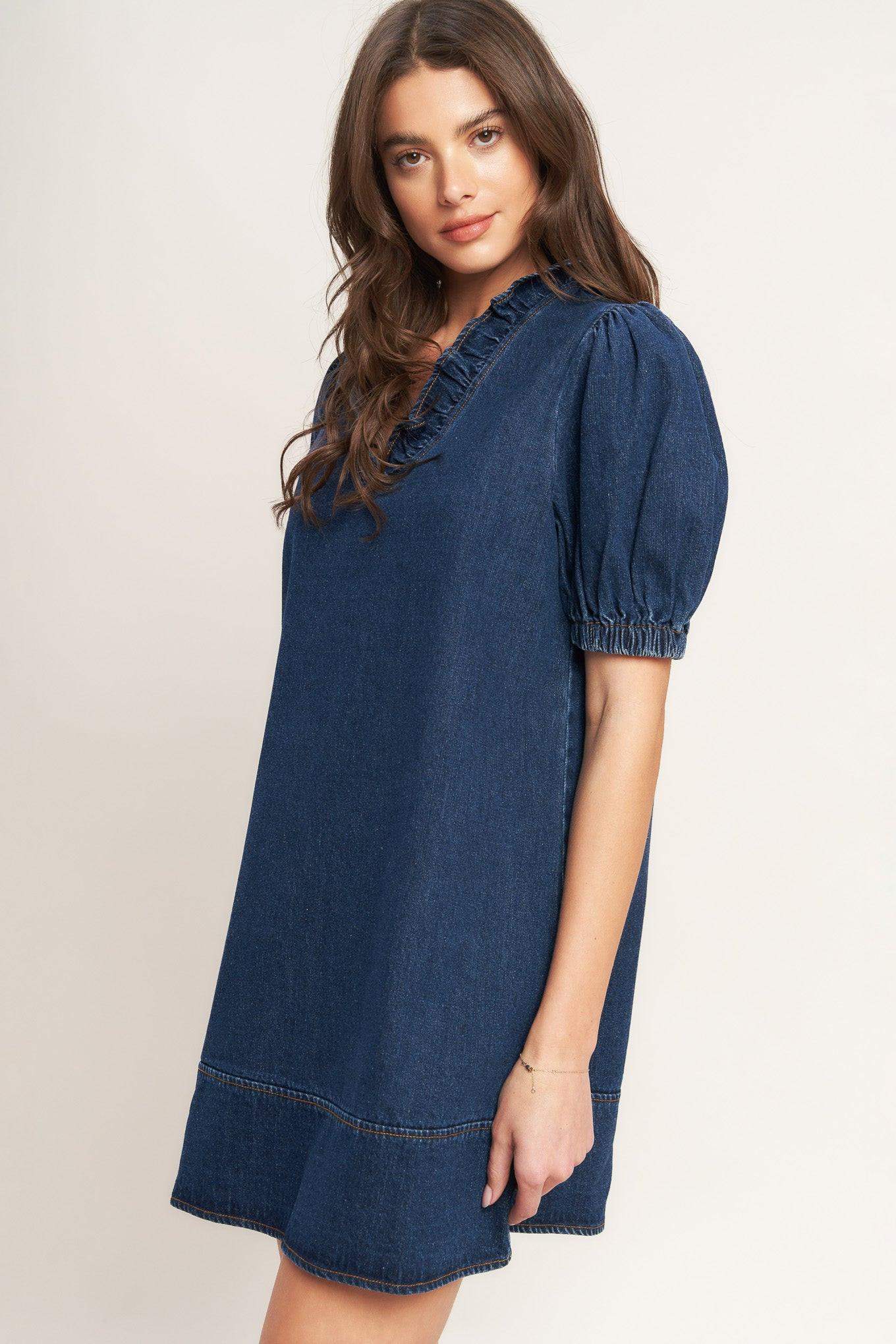MODERN FOLK TOUCH DNIM MINI DRESS - Flying Tomato - Flyclothing LLC
