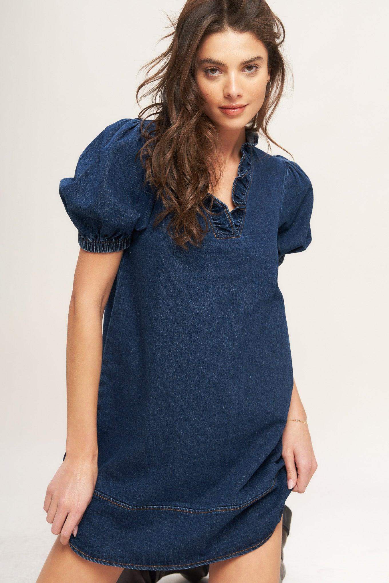 MODERN FOLK TOUCH DNIM MINI DRESS - Flying Tomato - Flyclothing LLC