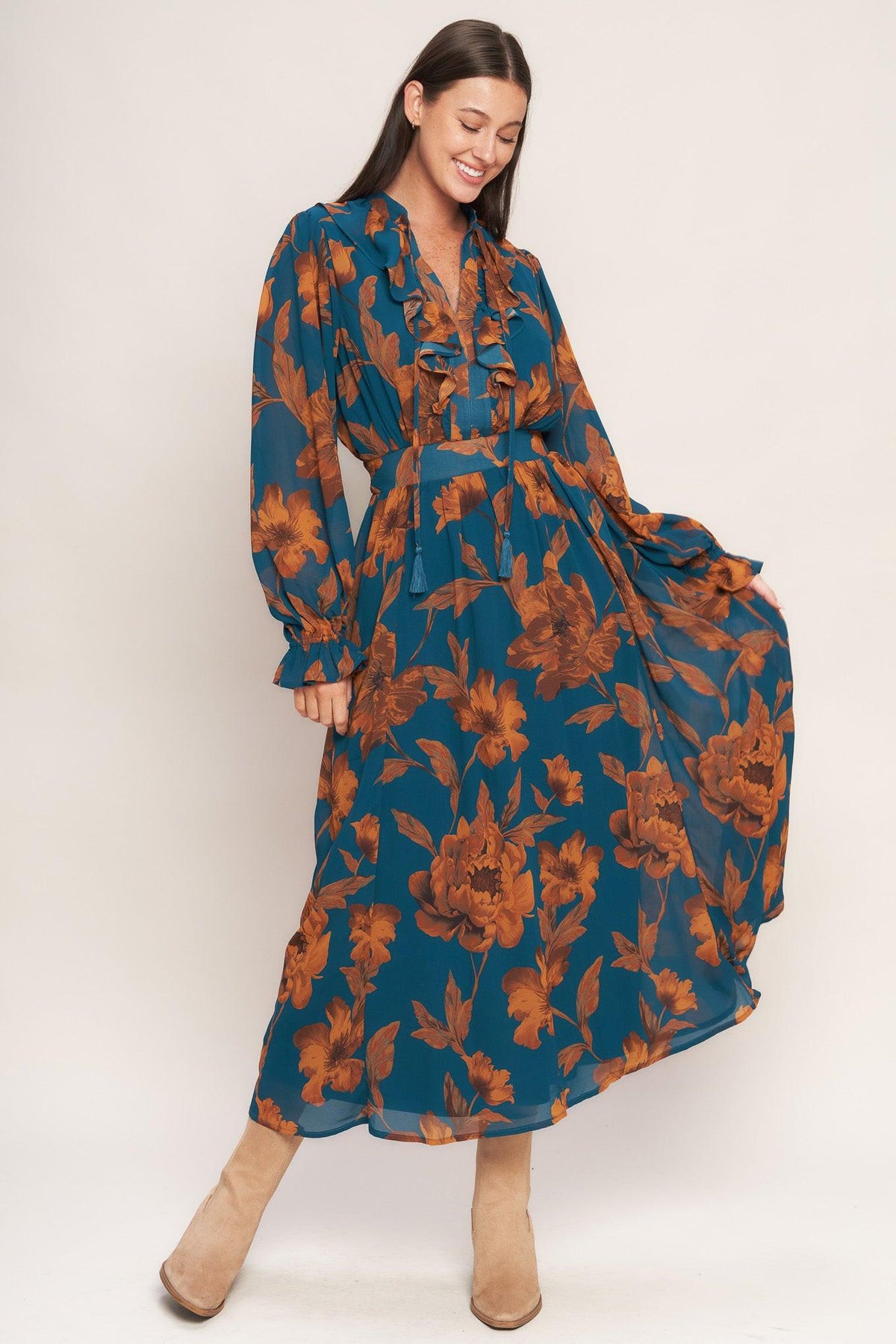 BURNISHED BOTANICA WOVEN MIDI DRESS - Flying Tomato - Flyclothing LLC