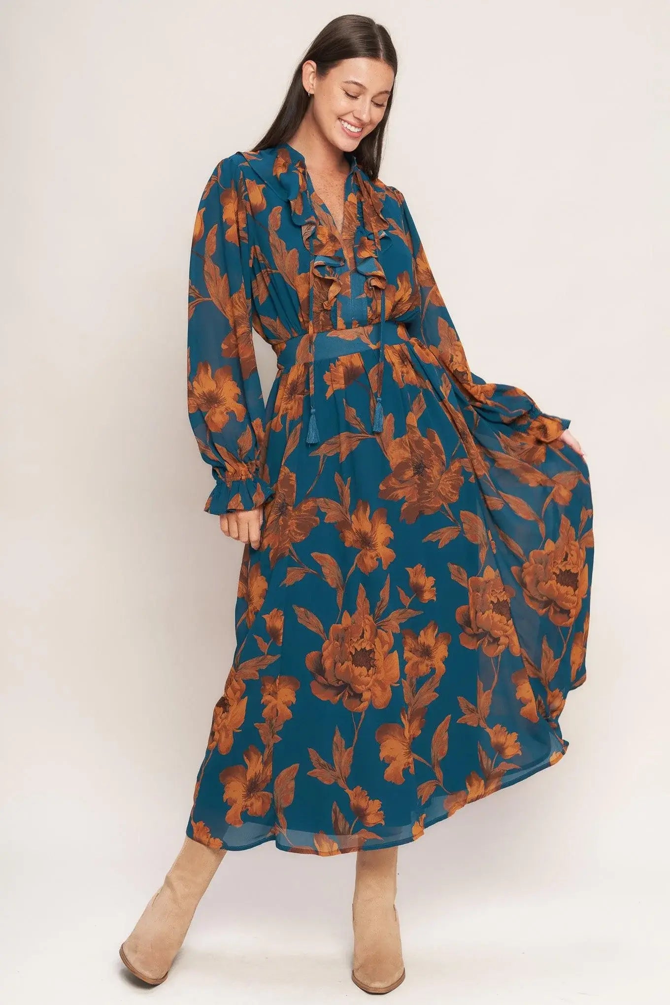 BURNISHED BOTANICA WOVEN MIDI DRESS - Flying Tomato - Flyclothing LLC