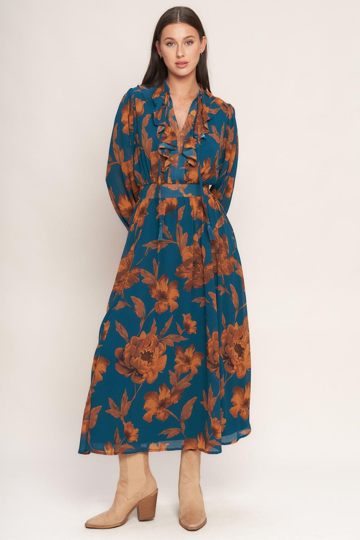 BURNISHED BOTANICA WOVEN MIDI DRESS - Flying Tomato - Flyclothing LLC