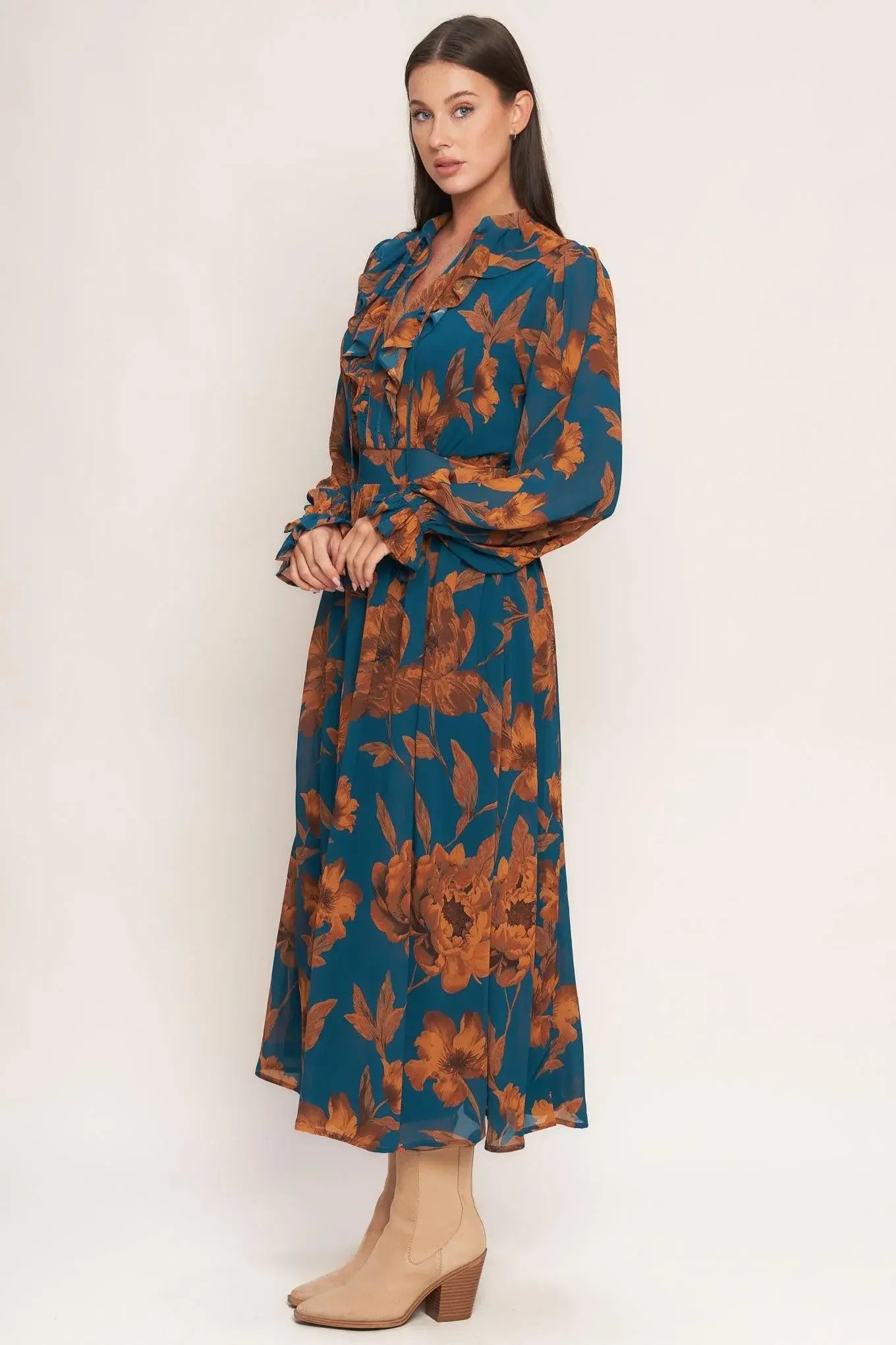 BURNISHED BOTANICA WOVEN MIDI DRESS - Flying Tomato - Flyclothing LLC