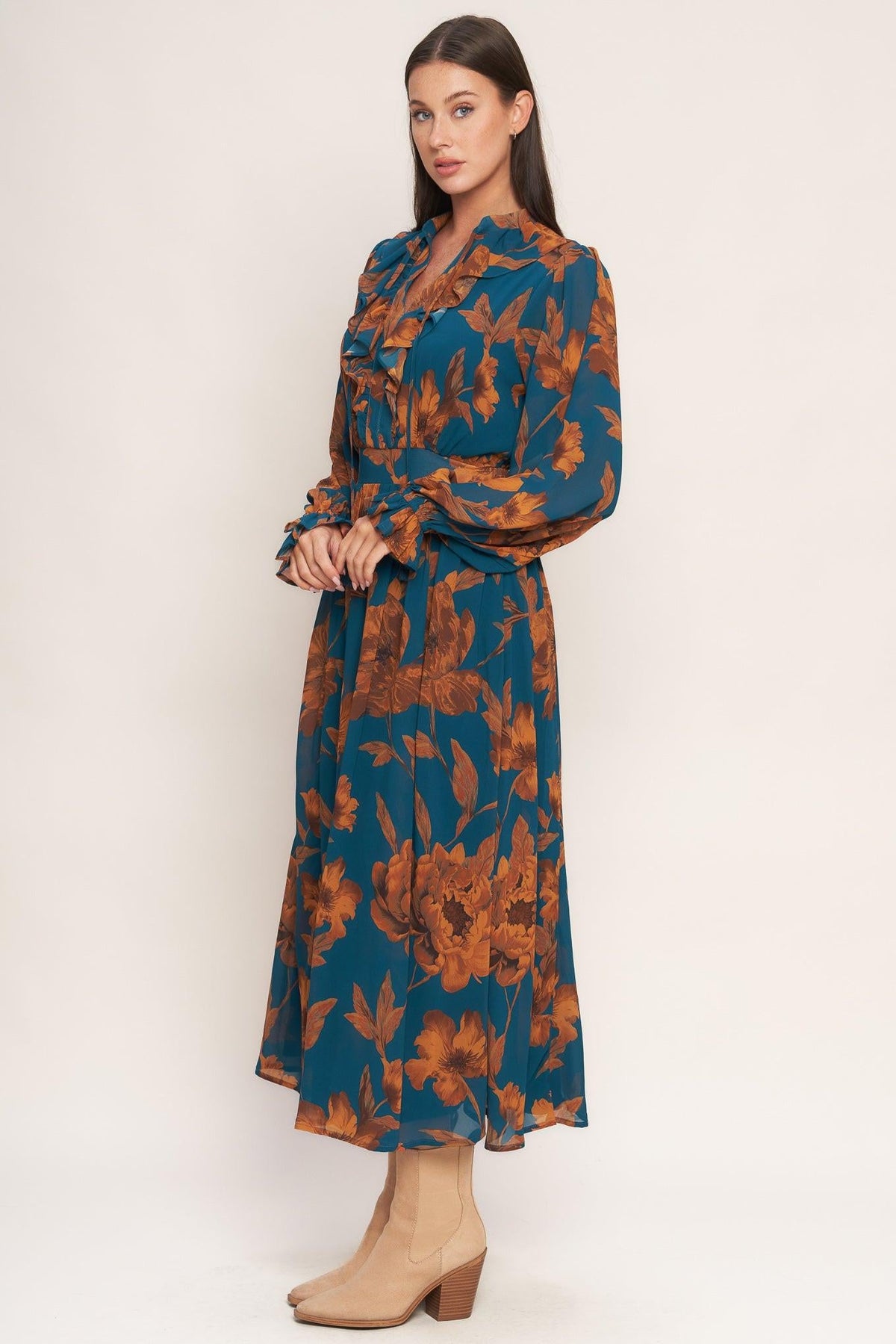 BURNISHED BOTANICA WOVEN MIDI DRESS - Flying Tomato - Flyclothing LLC