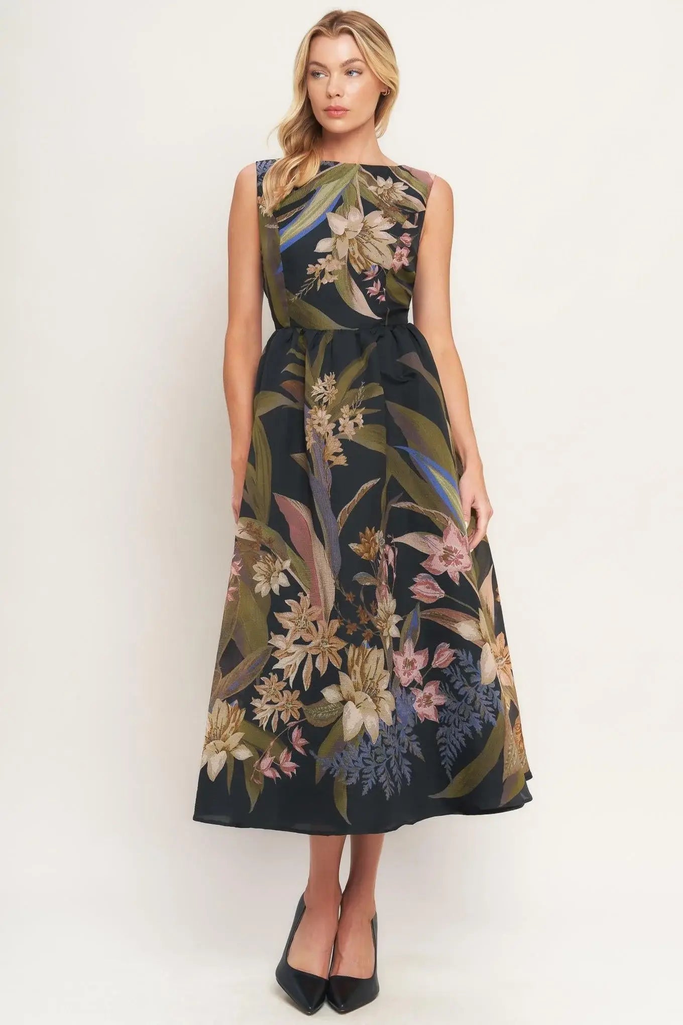 FOLIAGE WHISPER WOVEN MIDI DRESS - Flying Tomato - Flyclothing LLC