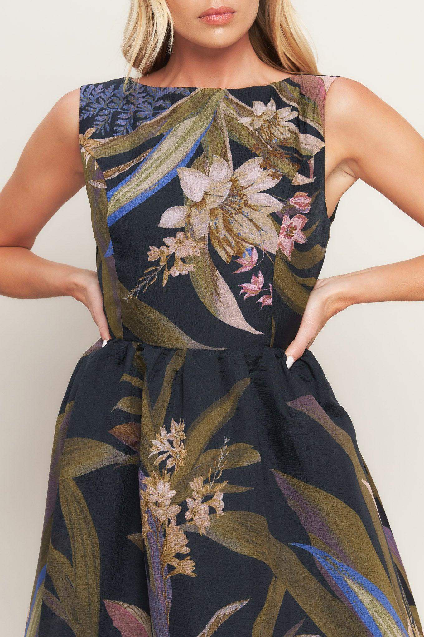 FOLIAGE WHISPER WOVEN MIDI DRESS - Flying Tomato - Flyclothing LLC