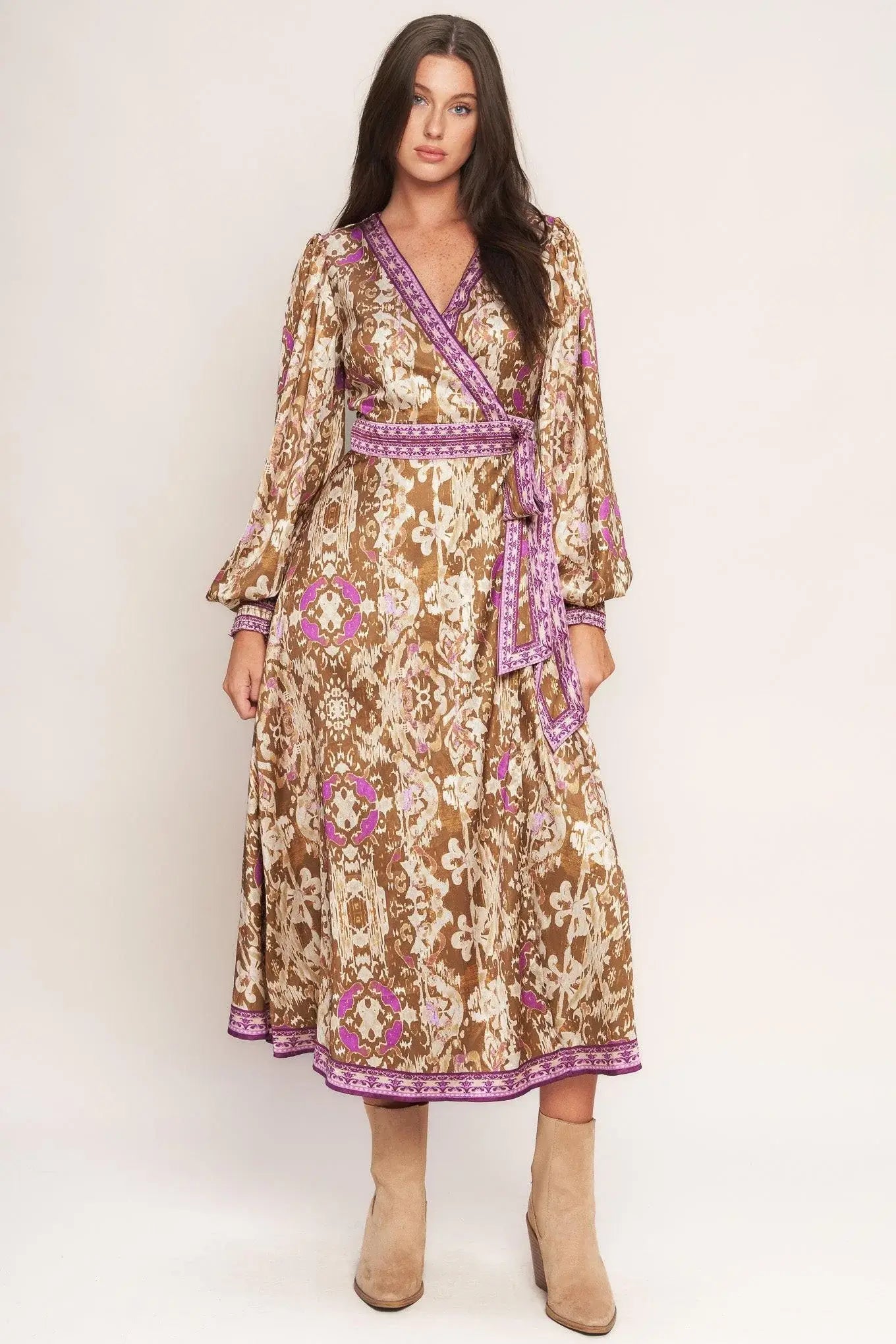 IKAT BLOOM WOVEN MIDI TRUE WRAP DRESS - Flying Tomato - Flyclothing LLC