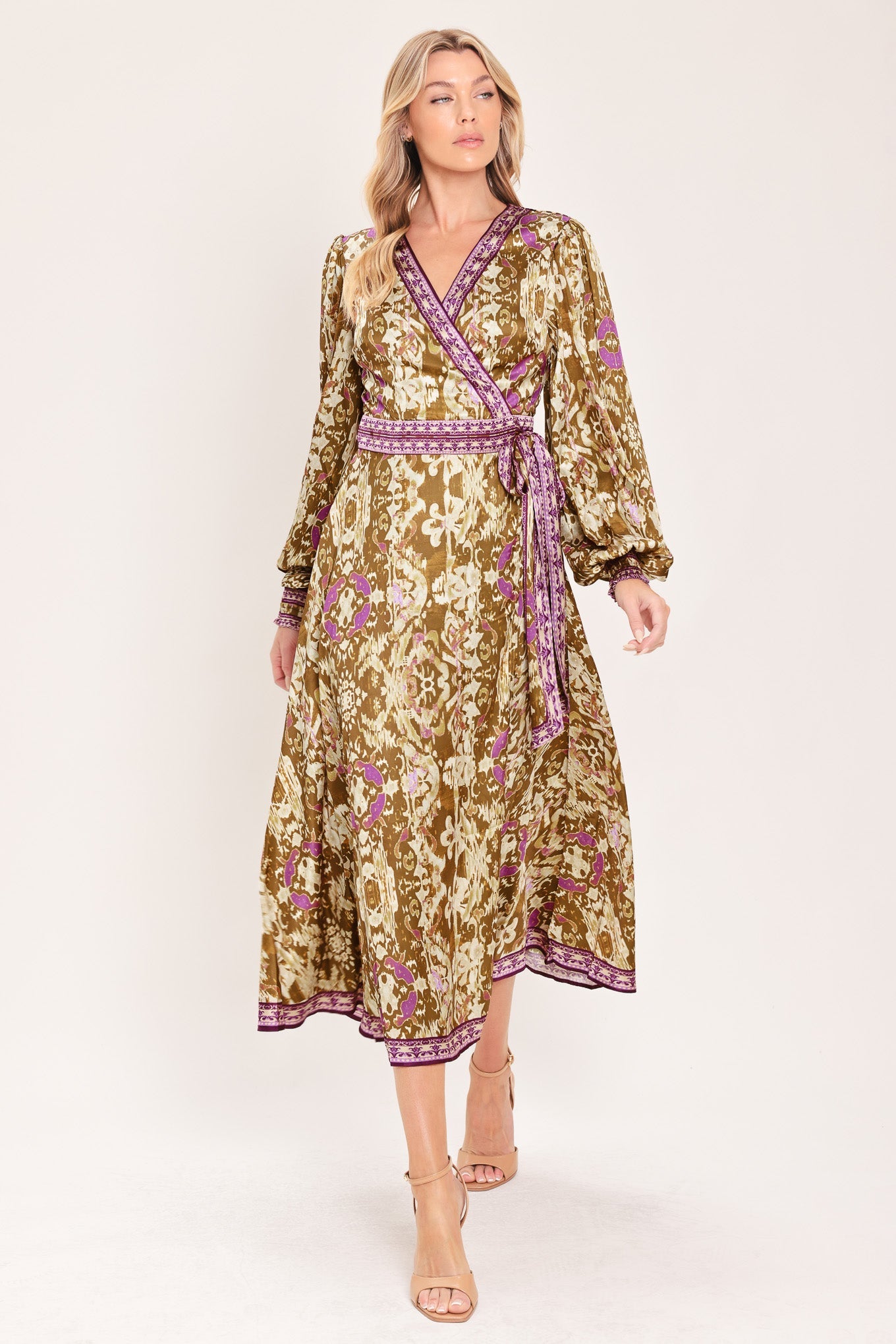 IKAT BLOOM WOVEN MIDI TRUE WRAP DRESS