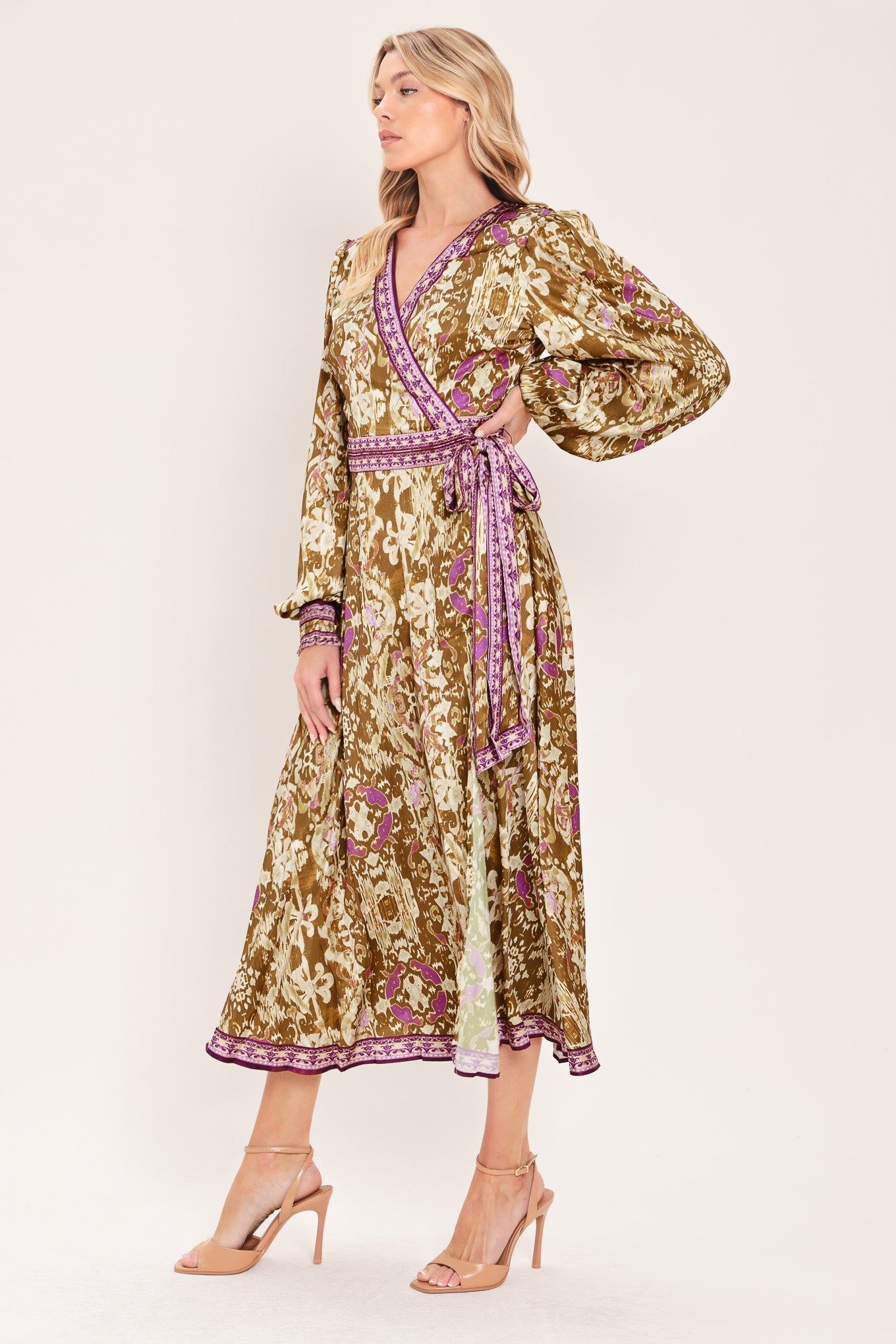 IKAT BLOOM WOVEN MIDI TRUE WRAP DRESS