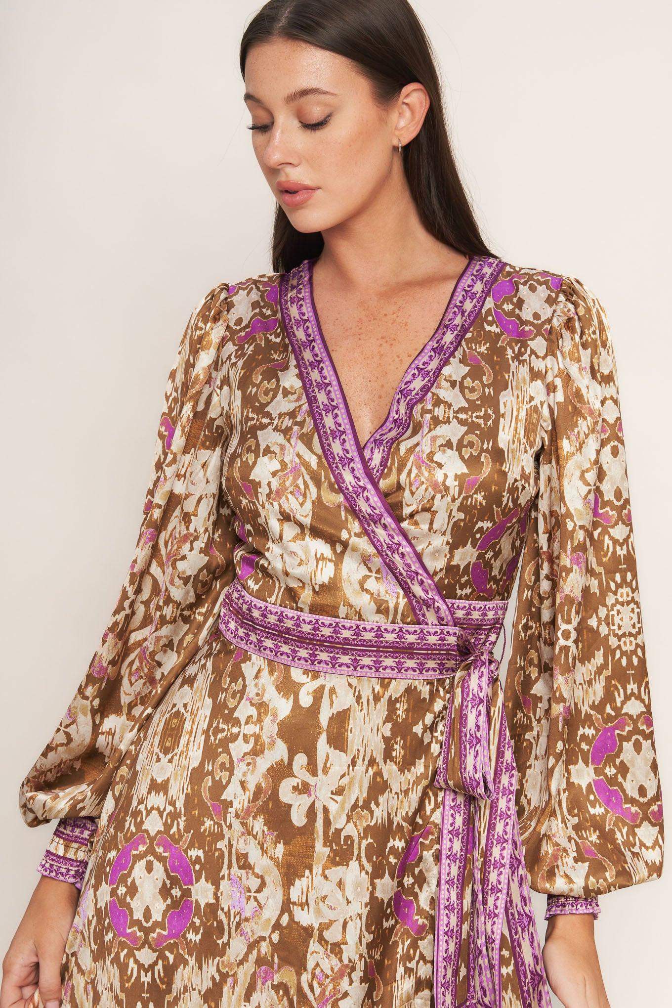 IKAT BLOOM WOVEN MIDI TRUE WRAP DRESS - Flying Tomato - Flyclothing LLC