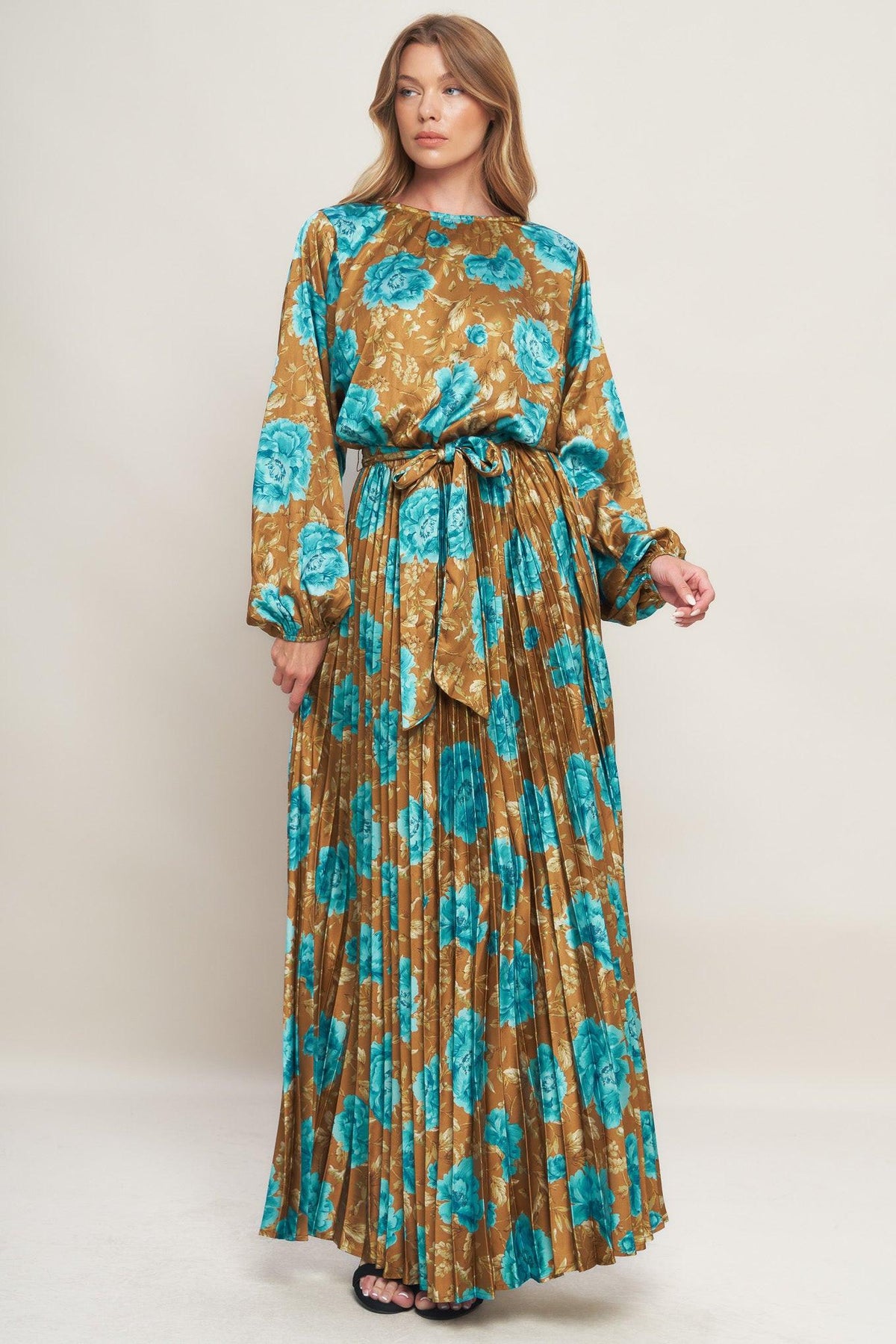 GOLDEN BLOOM LUXE WOVEN SATIN MAXI DRESS - Flying Tomato - Flyclothing LLC