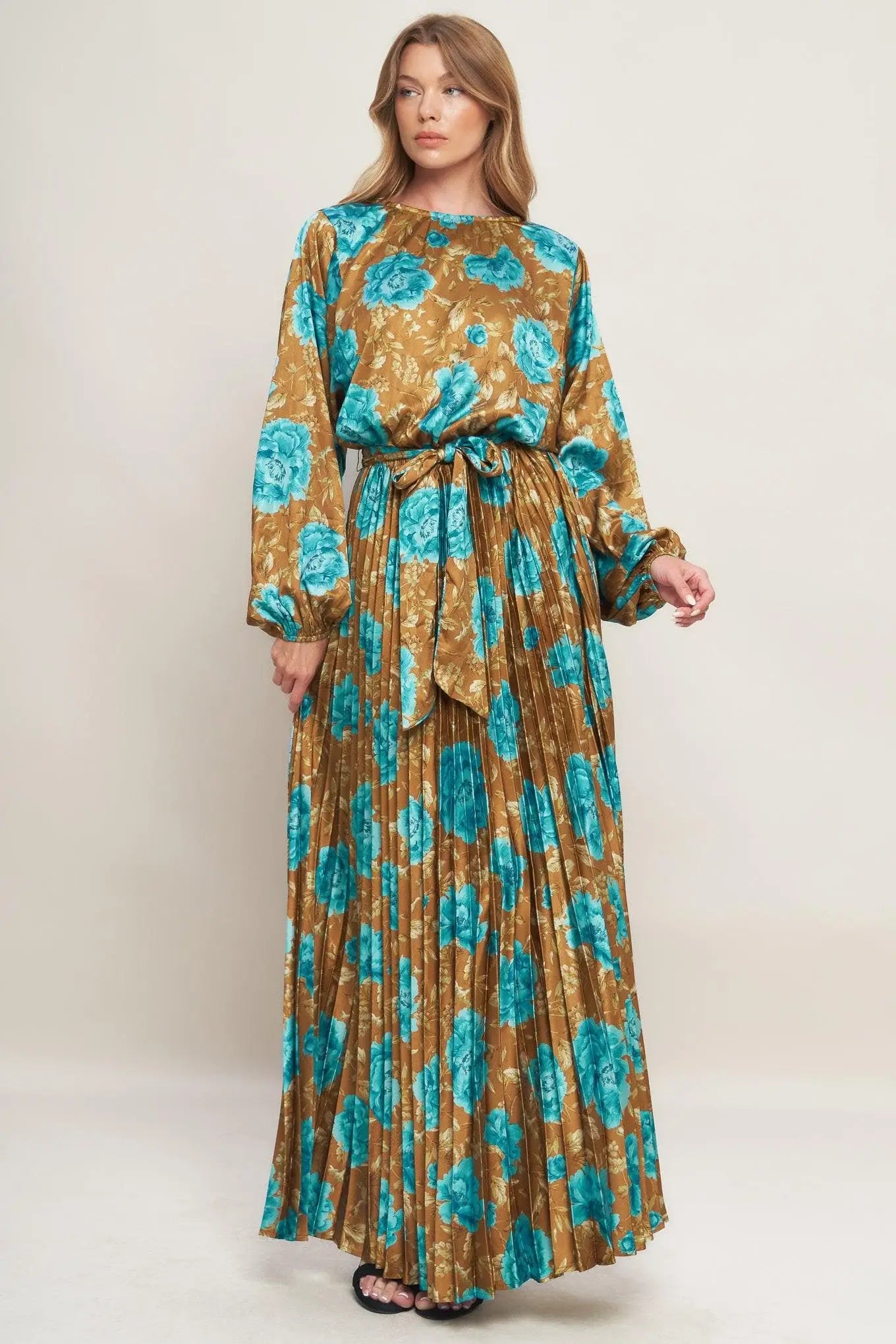 GOLDEN BLOOM LUXE WOVEN SATIN MAXI DRESS - Flying Tomato - Flyclothing LLC