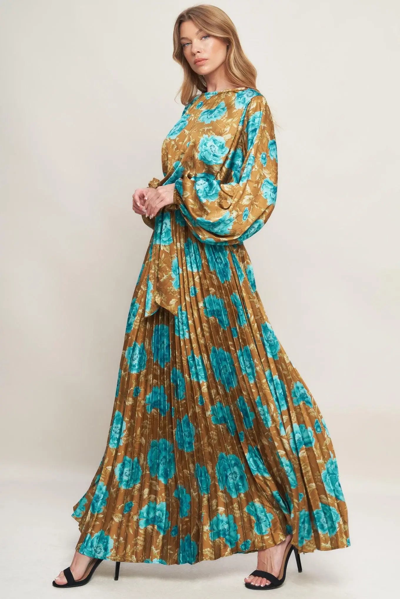 GOLDEN BLOOM LUXE WOVEN SATIN MAXI DRESS - Flying Tomato - Flyclothing LLC