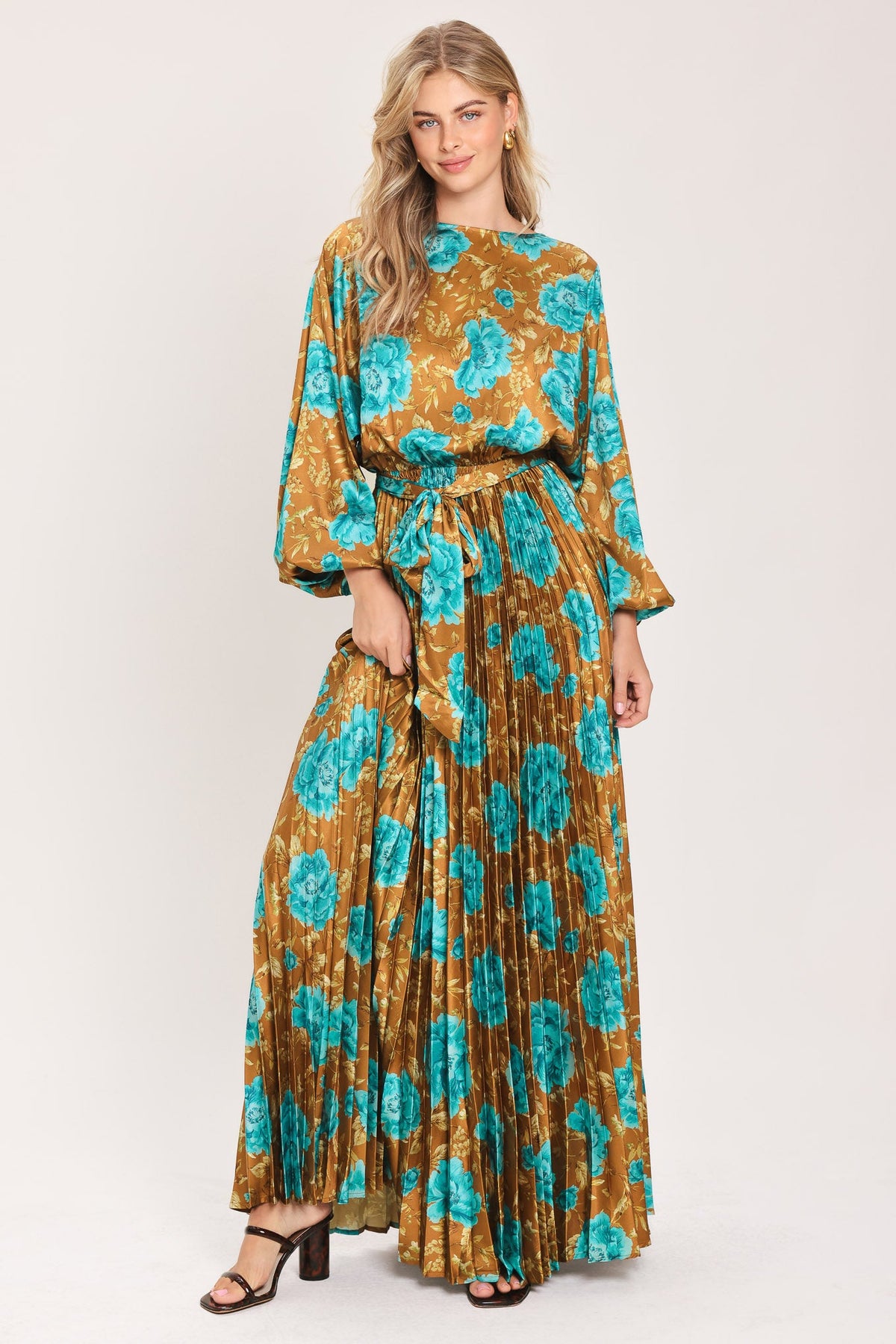 GOLDEN BLOOM LUXE WOVEN SATIN MAXI DRESS
