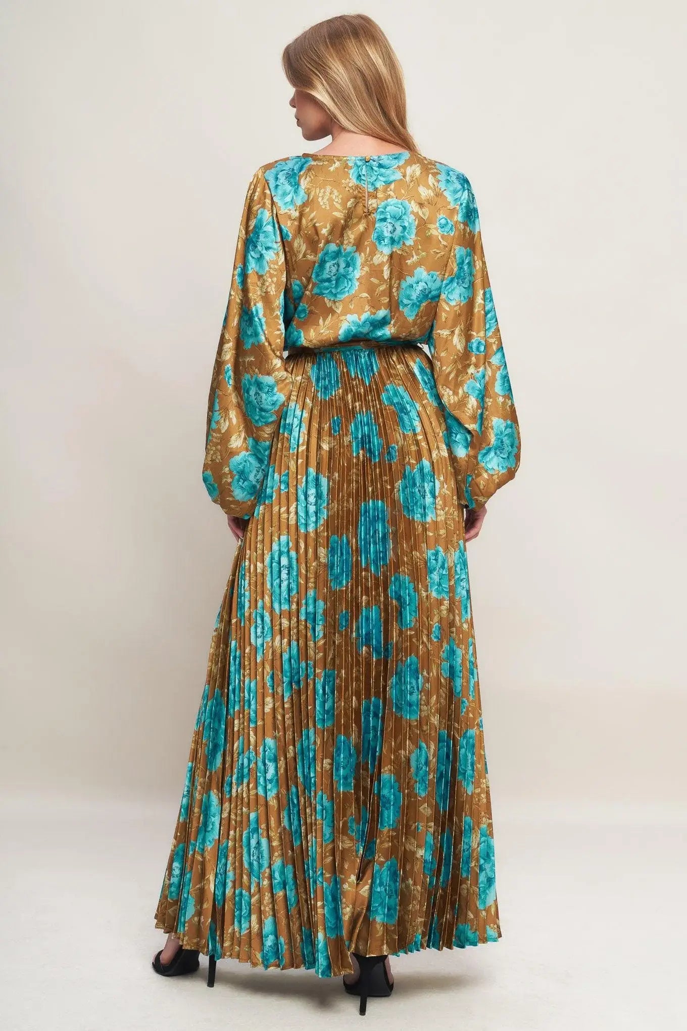 GOLDEN BLOOM LUXE WOVEN SATIN MAXI DRESS - Flying Tomato - Flyclothing LLC