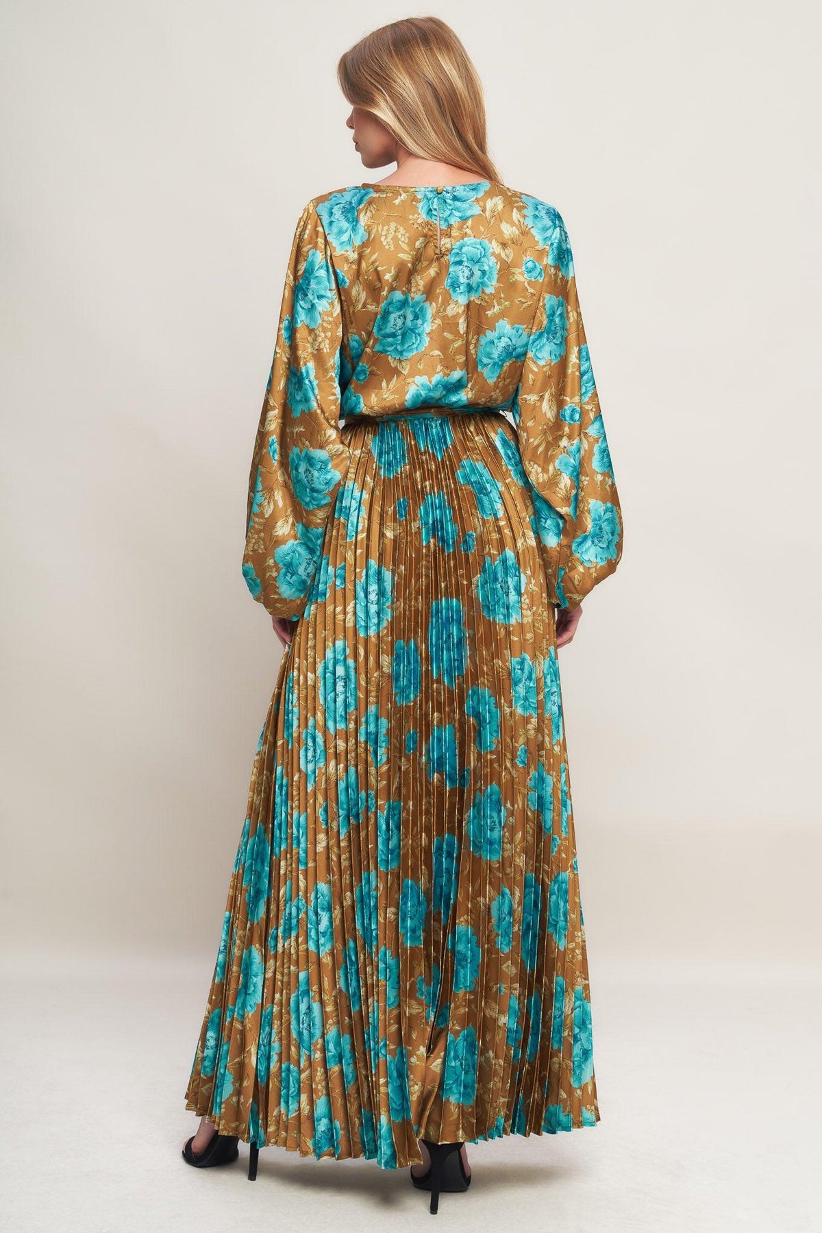 GOLDEN BLOOM LUXE WOVEN SATIN MAXI DRESS - Flying Tomato - Flyclothing LLC