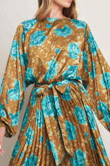 GOLDEN BLOOM LUXE WOVEN SATIN MAXI DRESS - Flying Tomato - Flyclothing LLC