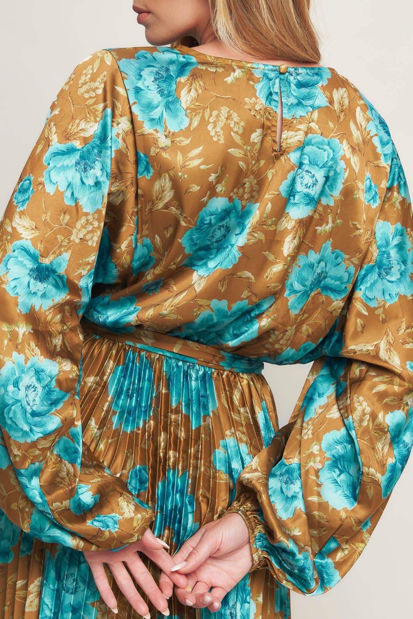 GOLDEN BLOOM LUXE WOVEN SATIN MAXI DRESS - Flying Tomato - Flyclothing LLC