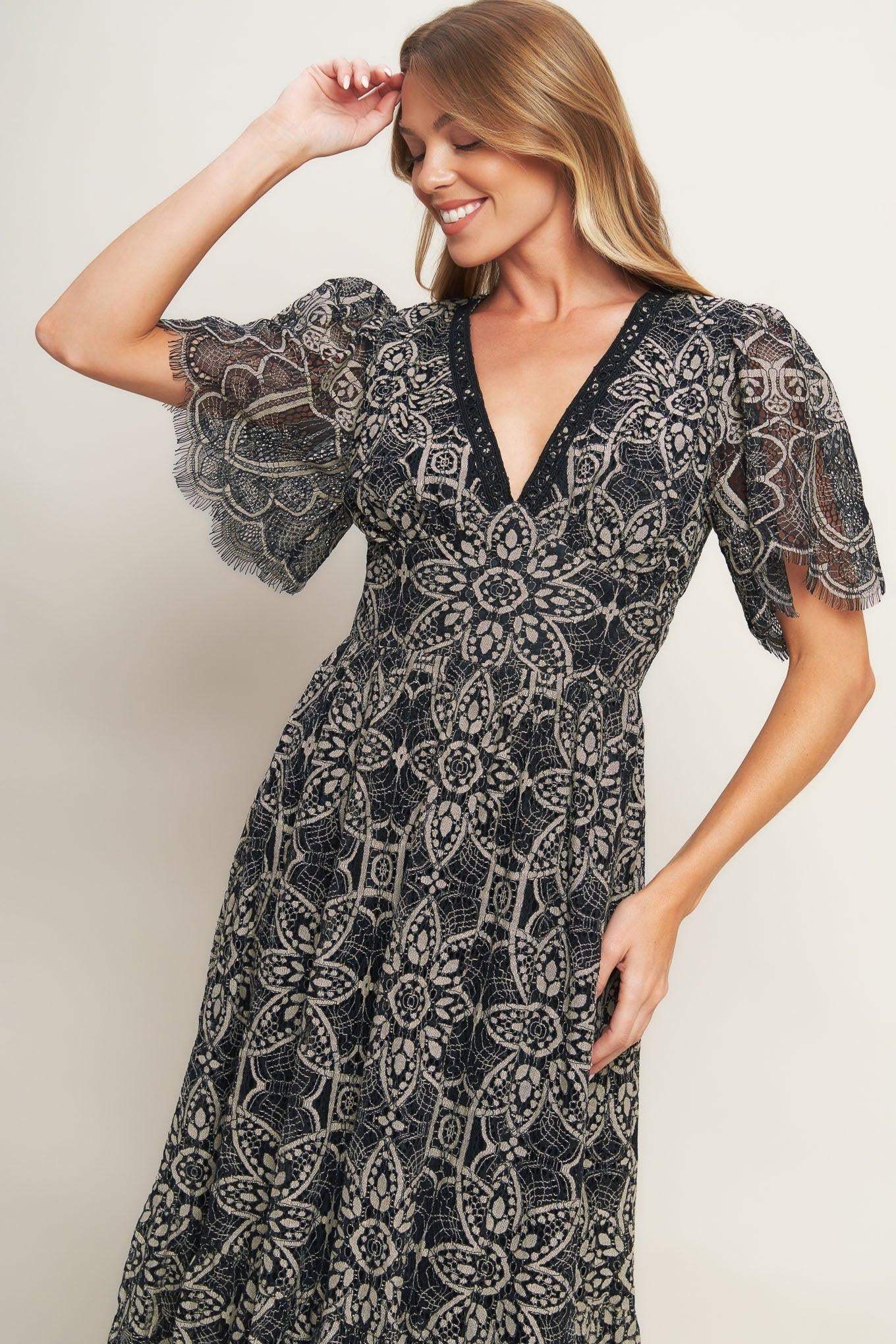 GOTHIC BLOOM WOVEN LACE MIDI DRESS - Flying Tomato - Flyclothing LLC