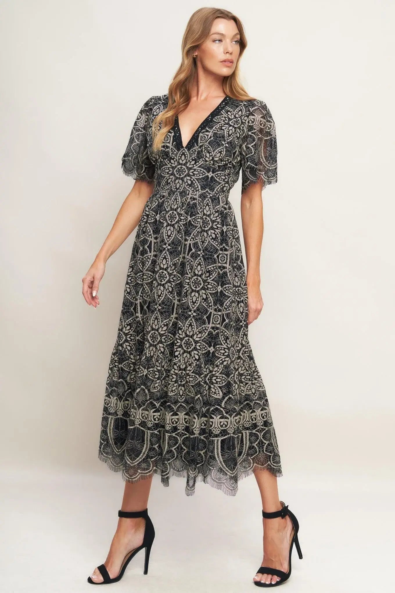 GOTHIC BLOOM WOVEN LACE MIDI DRESS - Flying Tomato - Flyclothing LLC