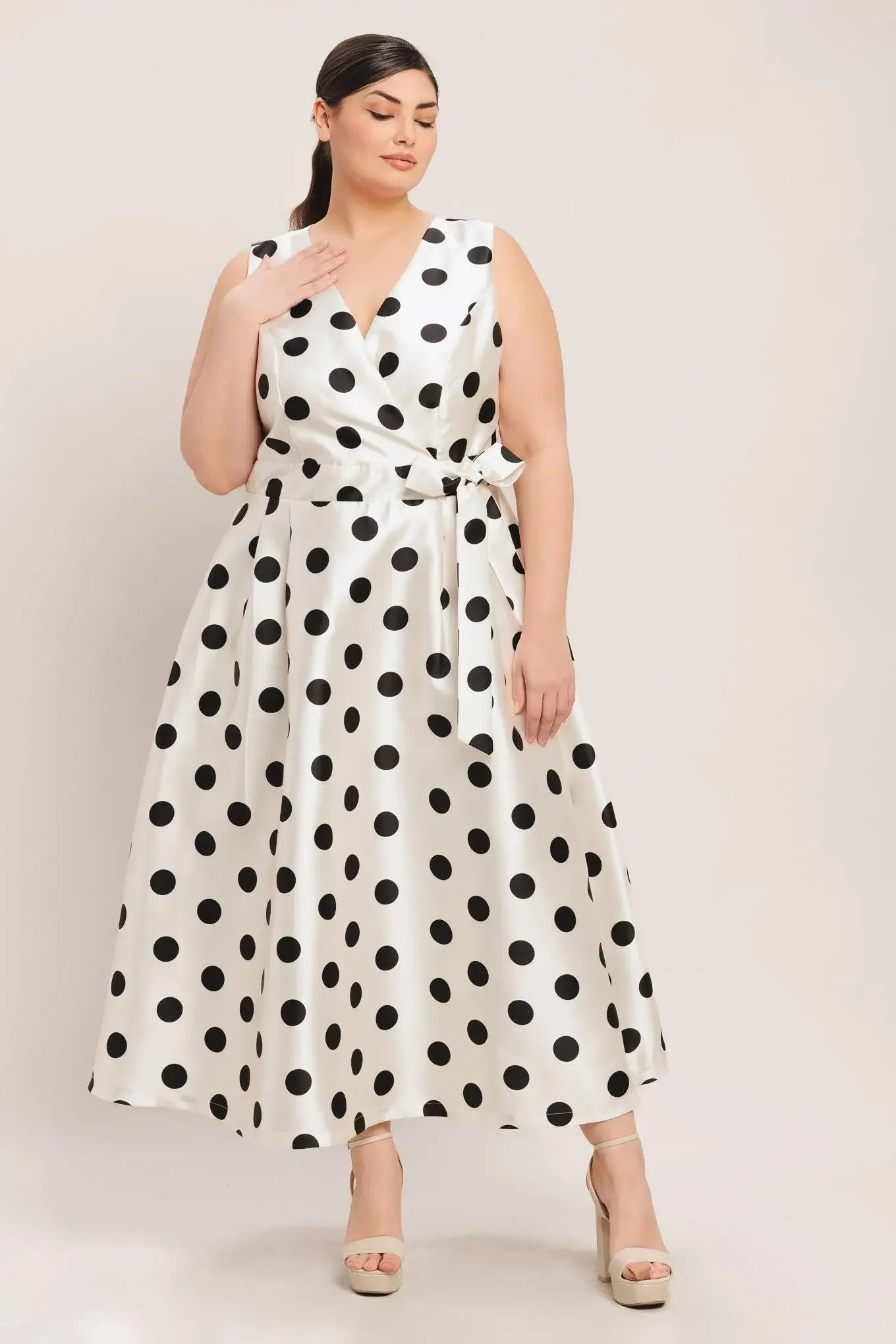 CAFÉ NOIR POLKA WOVEN MIDI DRESS - Flying Tomato - Flyclothing LLC