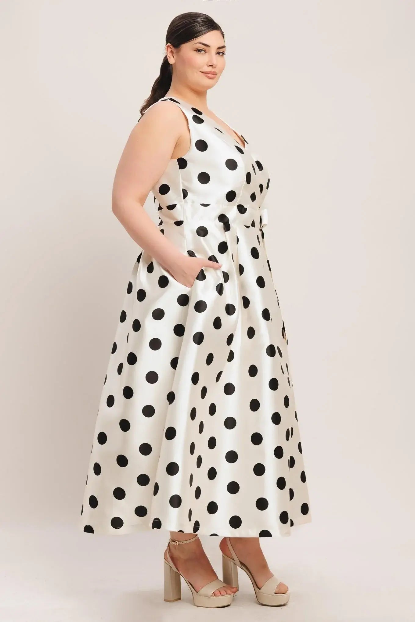 CAFÉ NOIR POLKA WOVEN MIDI DRESS - Flying Tomato - Flyclothing LLC