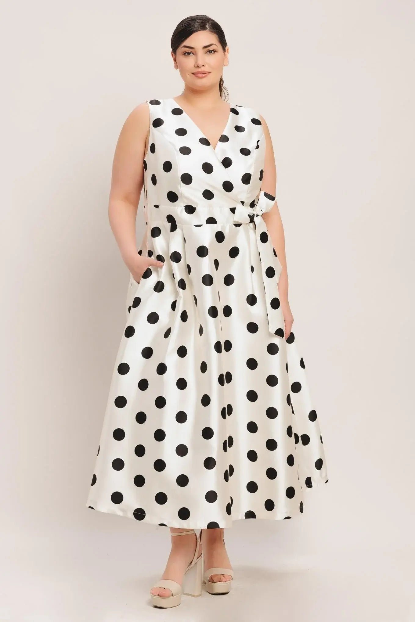 CAFÉ NOIR POLKA WOVEN MIDI DRESS - Flying Tomato - Flyclothing LLC