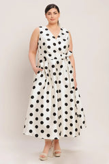 CAFÉ NOIR POLKA WOVEN MIDI DRESS - Flying Tomato - Flyclothing LLC