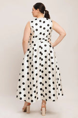 CAFÉ NOIR POLKA WOVEN MIDI DRESS - Flying Tomato - Flyclothing LLC