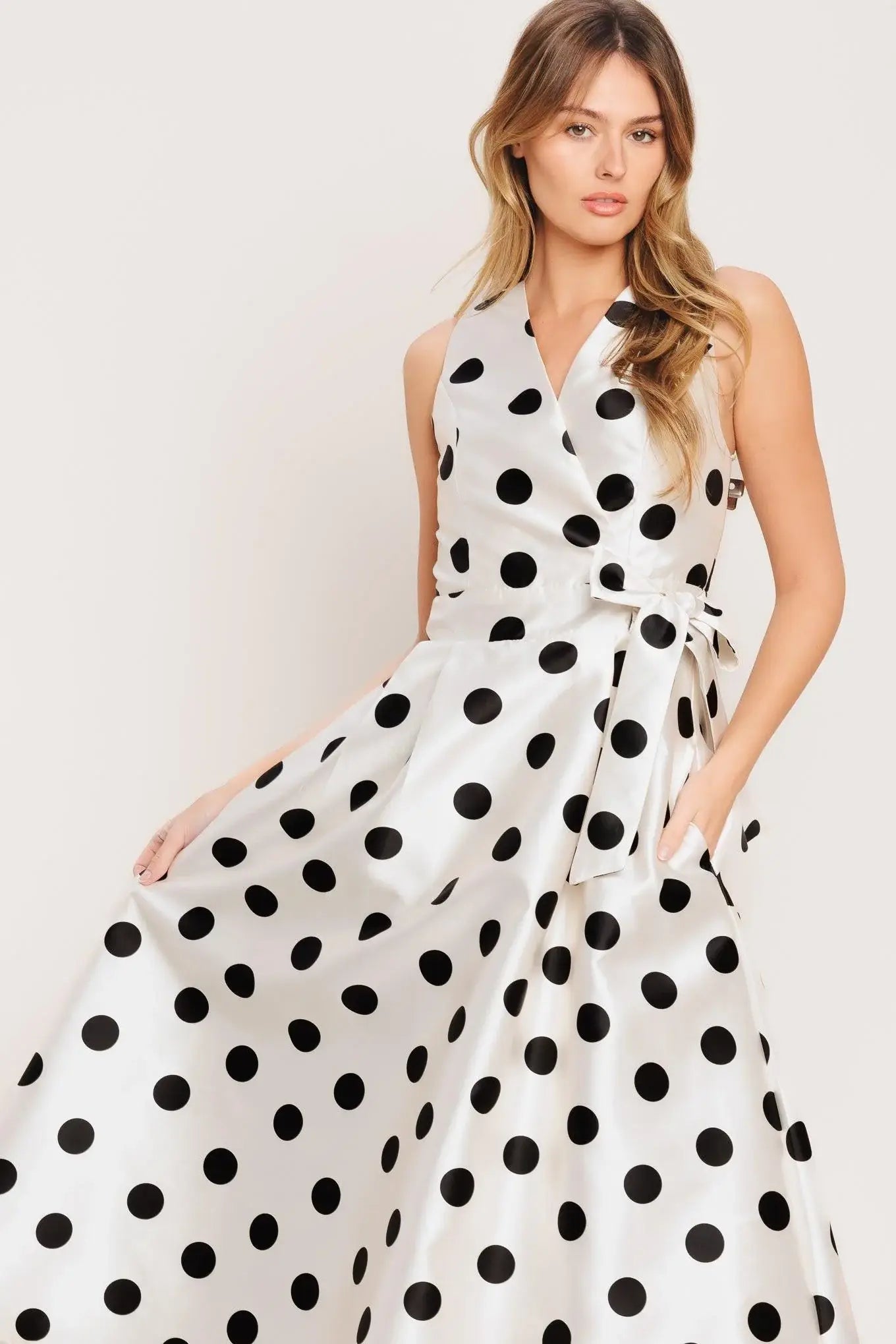CAFÉ NOIR POLKA WOVEN MIDI DRESS - Flying Tomato - Flyclothing LLC