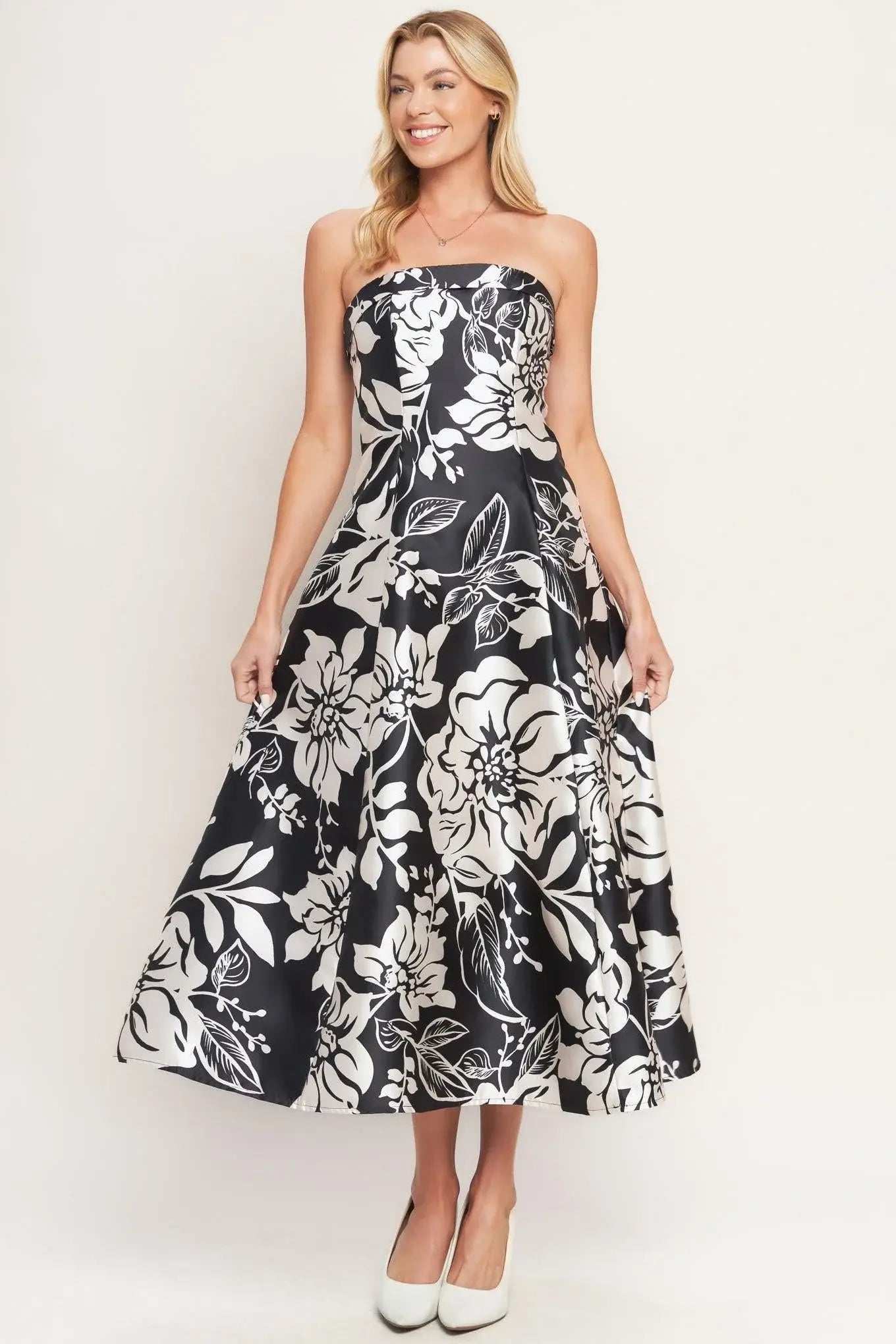 ELEGANT BLOOM SWIRL WOVEN MIDI DRESS - Flying Tomato - Flyclothing LLC