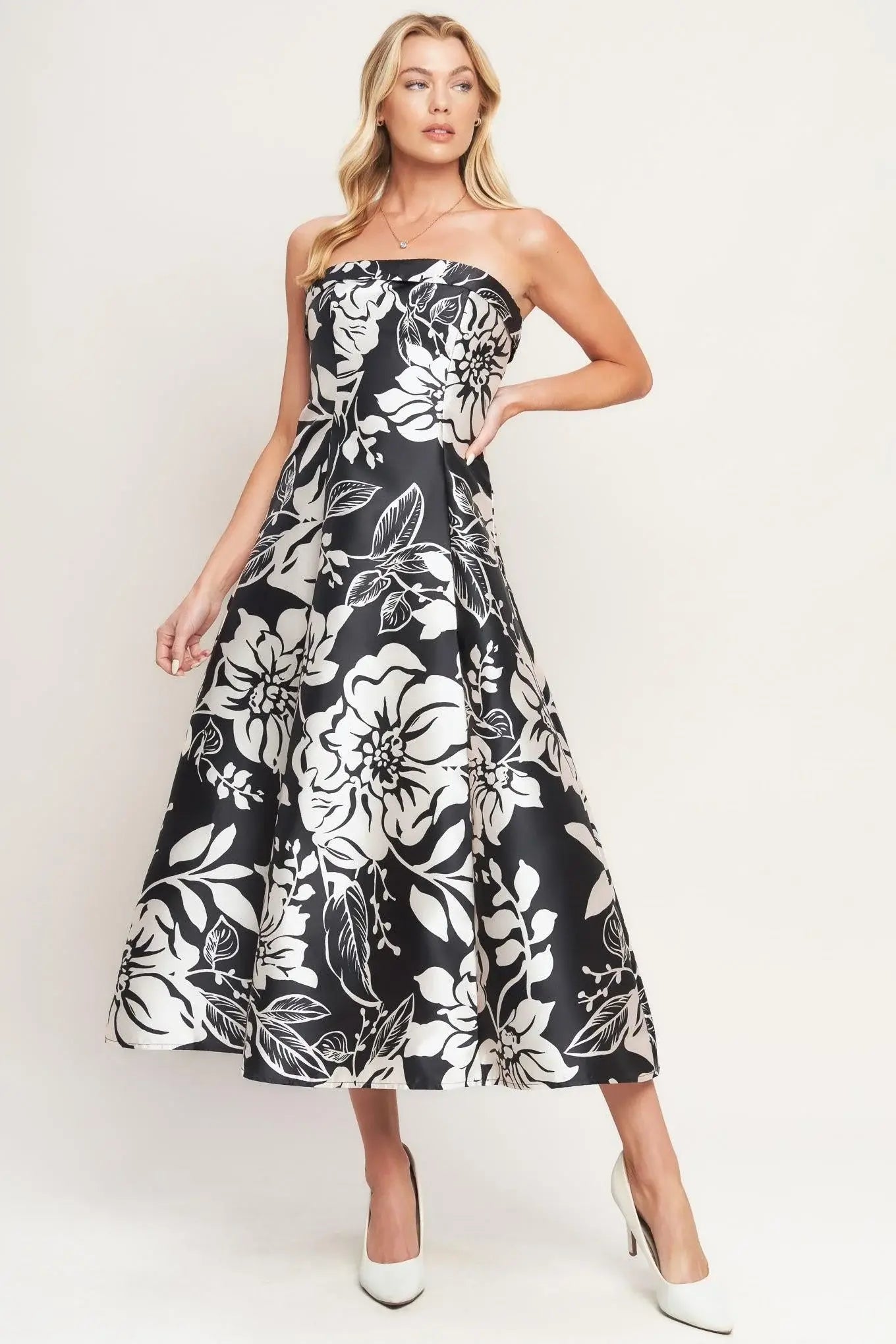 ELEGANT BLOOM SWIRL WOVEN MIDI DRESS - Flying Tomato - Flyclothing LLC
