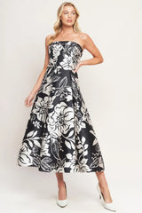 ELEGANT BLOOM SWIRL WOVEN MIDI DRESS - Flying Tomato - Flyclothing LLC