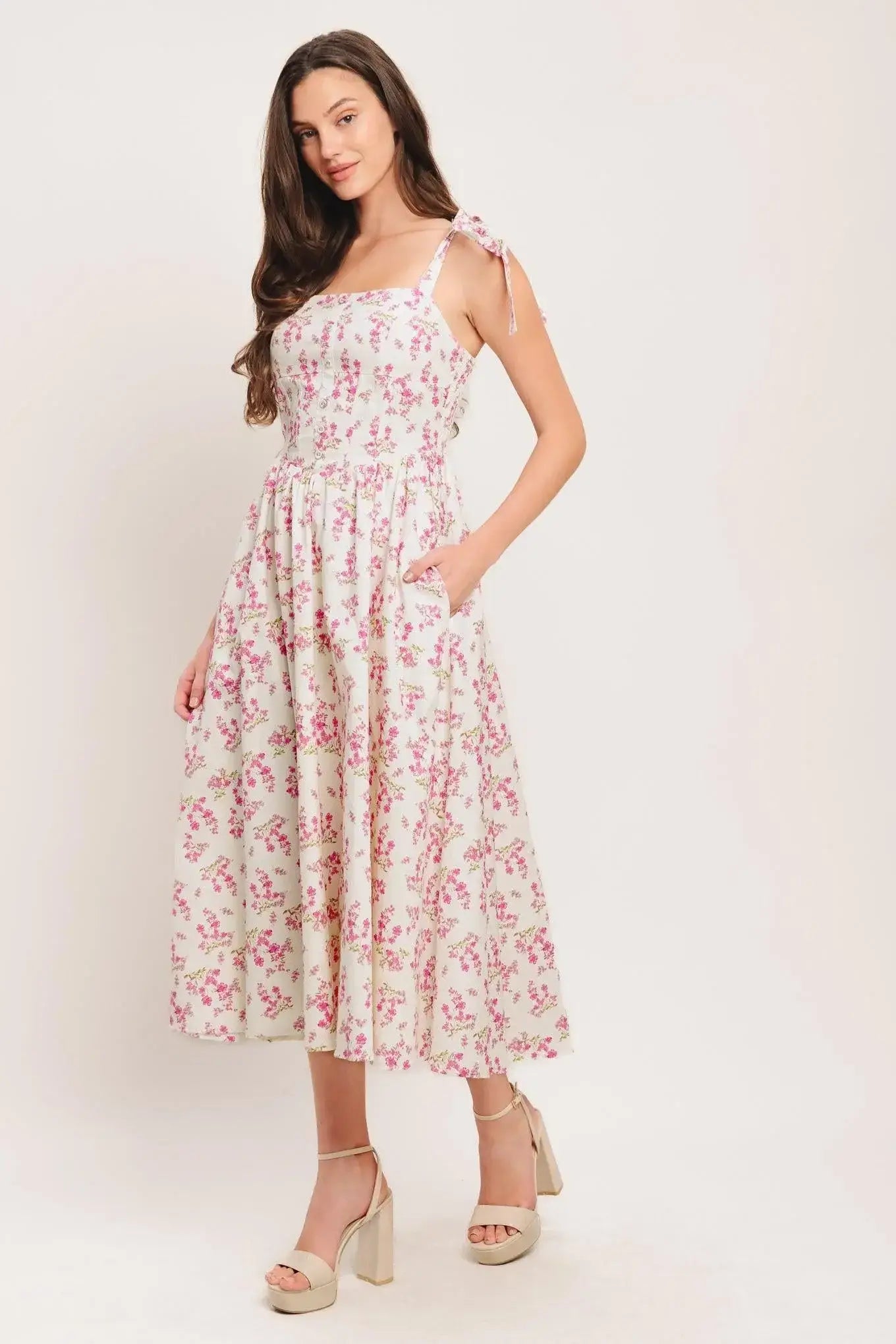 PETALS & PROMISES WOVEN MIDI DRESS - Flying Tomato - Flyclothing LLC