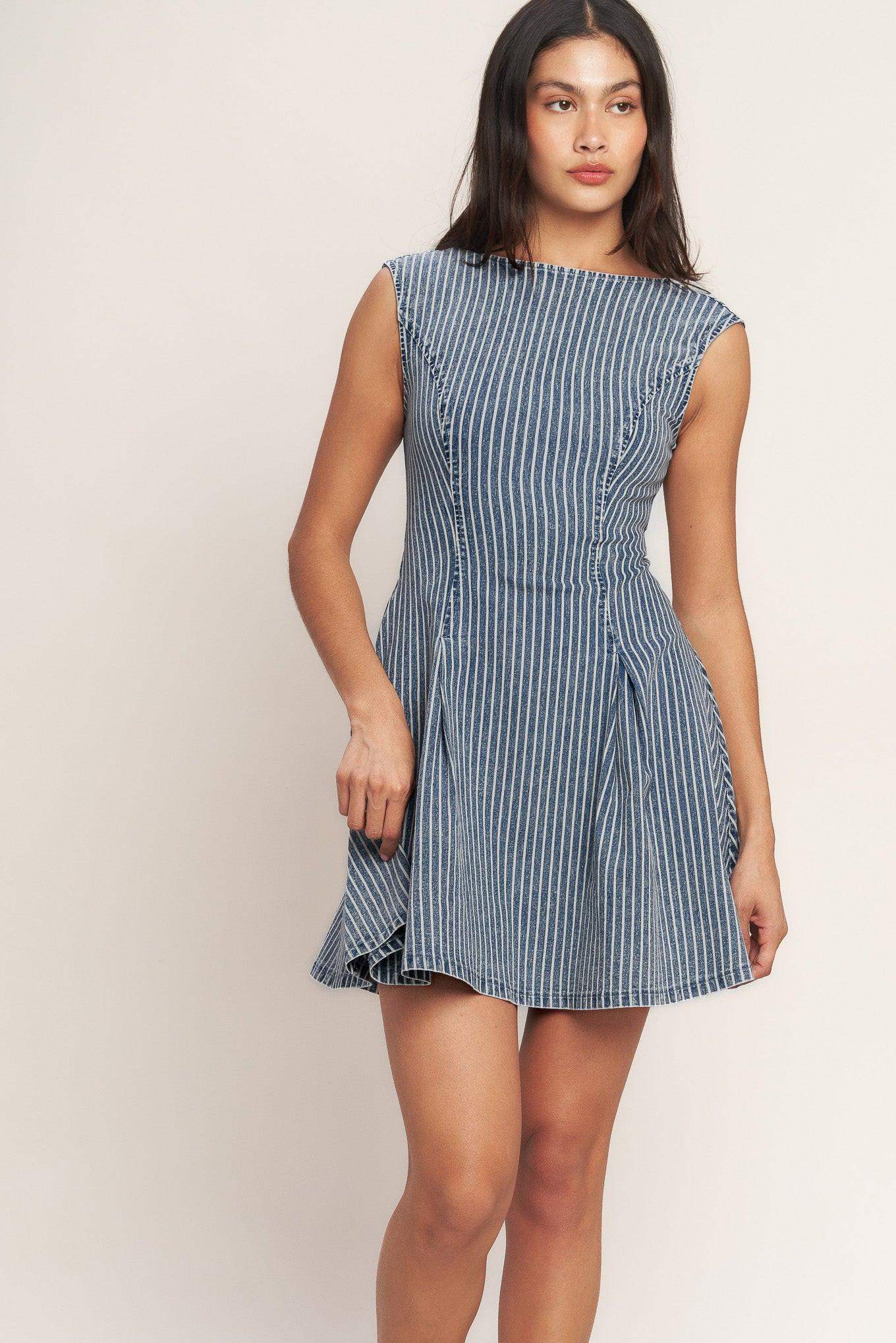 PERFECTLY PLANNED STRIPED DENIM MINI DRESS - Flying Tomato - Flyclothing LLC