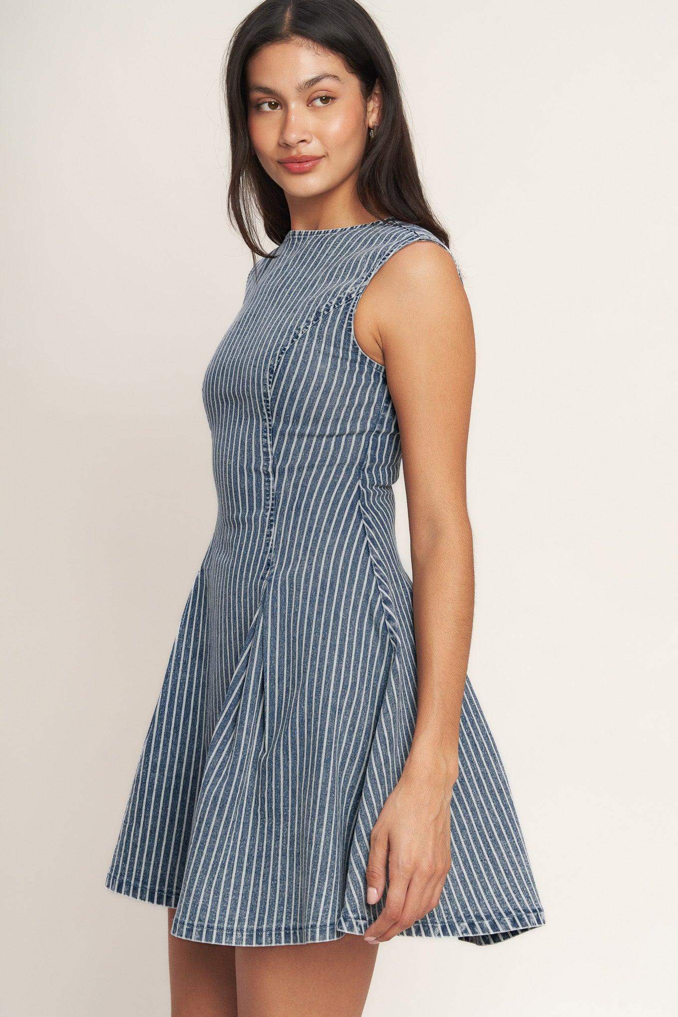 PERFECTLY PLANNED STRIPED DENIM MINI DRESS - Flying Tomato - Flyclothing LLC