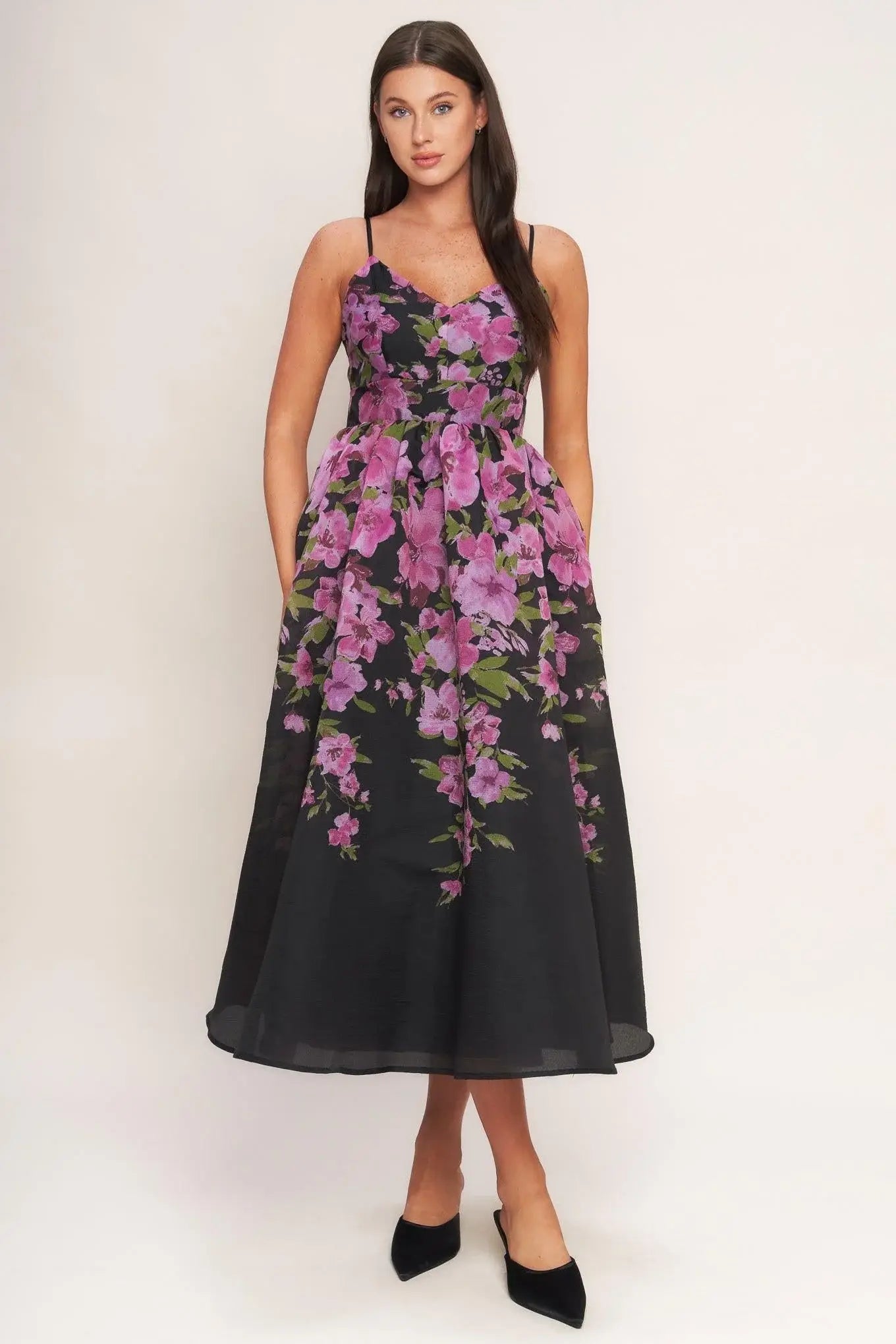 NIGHTFALL BLOSSOM WOVEN MIDI DRESS - Flying Tomato - Flyclothing LLC