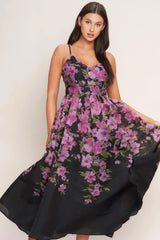 NIGHTFALL BLOSSOM WOVEN MIDI DRESS - Flying Tomato - Flyclothing LLC