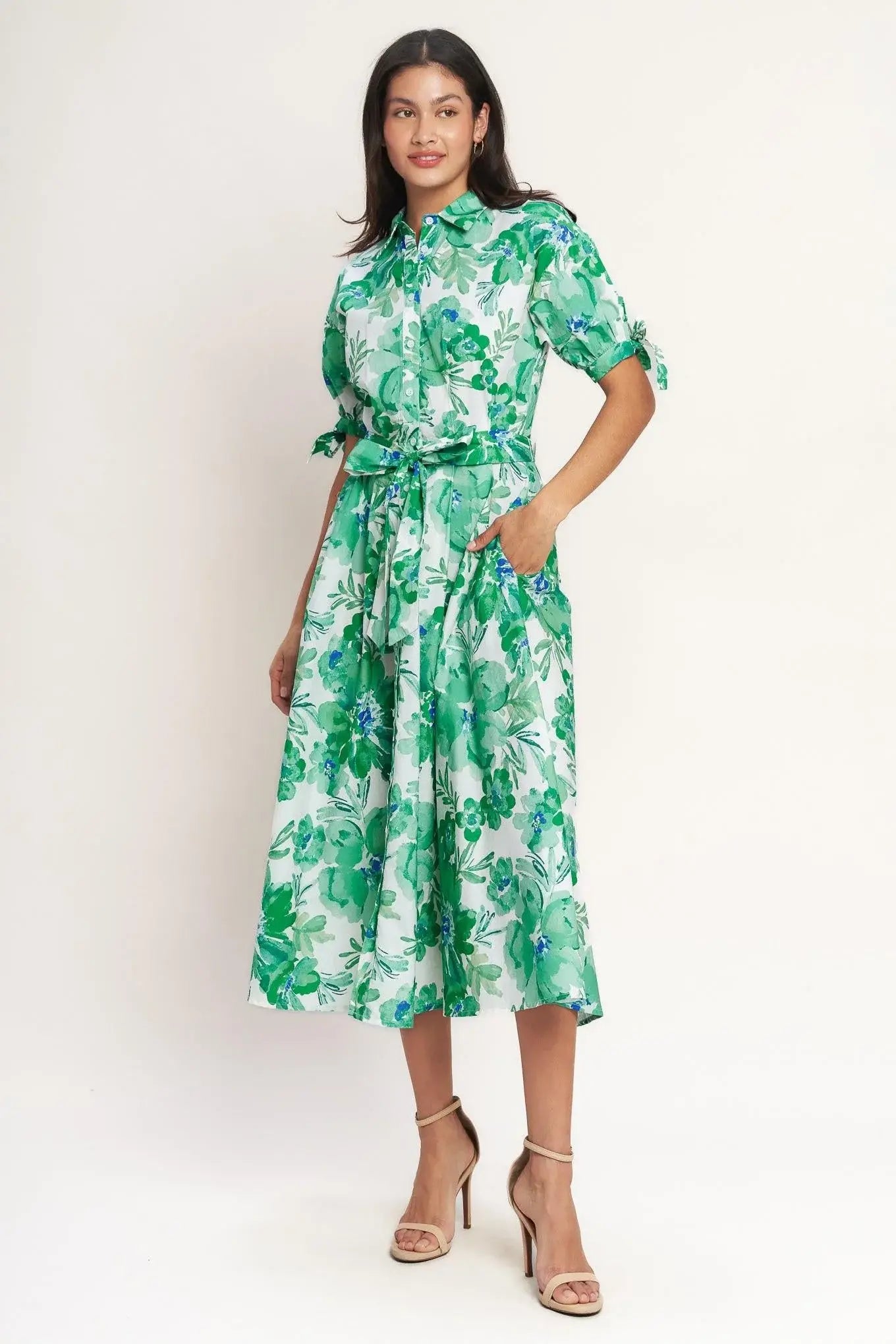SIMPLY IN BLOOM WOVEN MIDI SHIRT DRESS - Flying Tomato - Flyclothing LLC