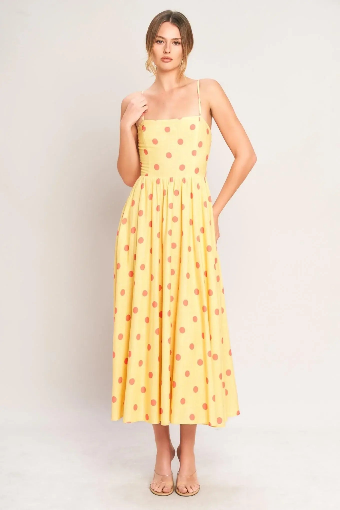 GOLDEN SUMMER POLKA WOVEN MIDI DRESS - Flying Tomato - Flyclothing LLC