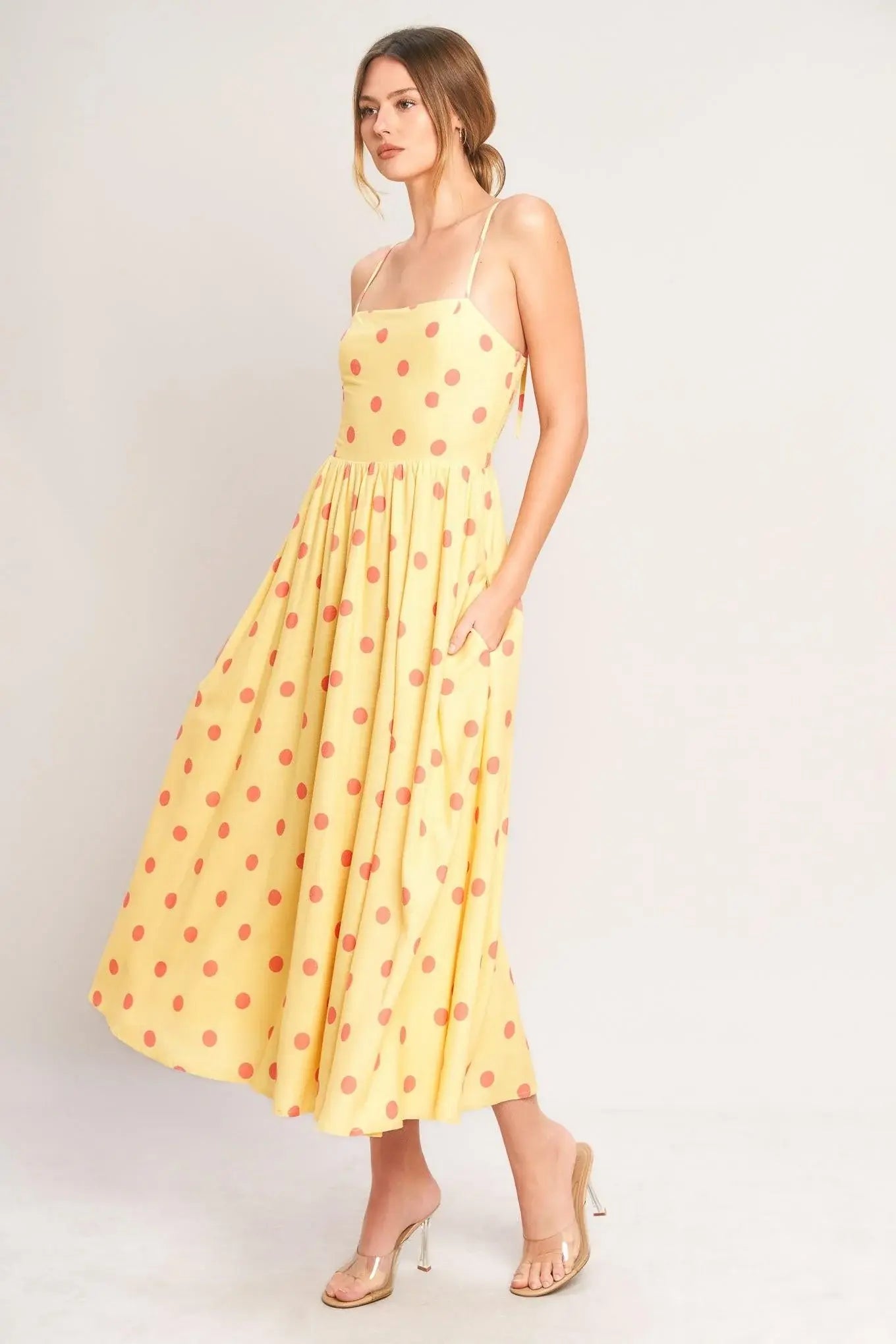 GOLDEN SUMMER POLKA WOVEN MIDI DRESS - Flying Tomato - Flyclothing LLC