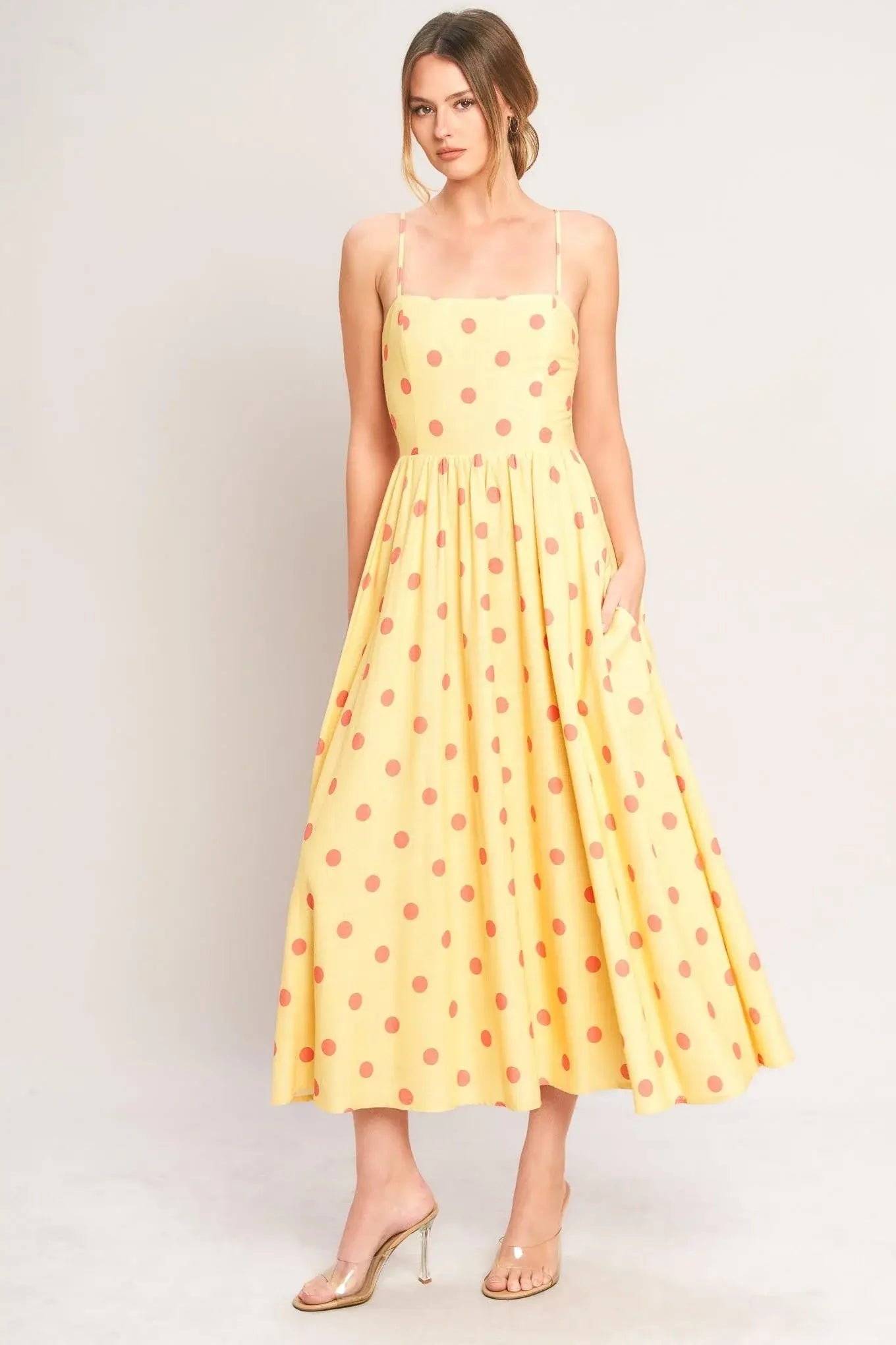 GOLDEN SUMMER POLKA WOVEN MIDI DRESS - Flying Tomato - Flyclothing LLC
