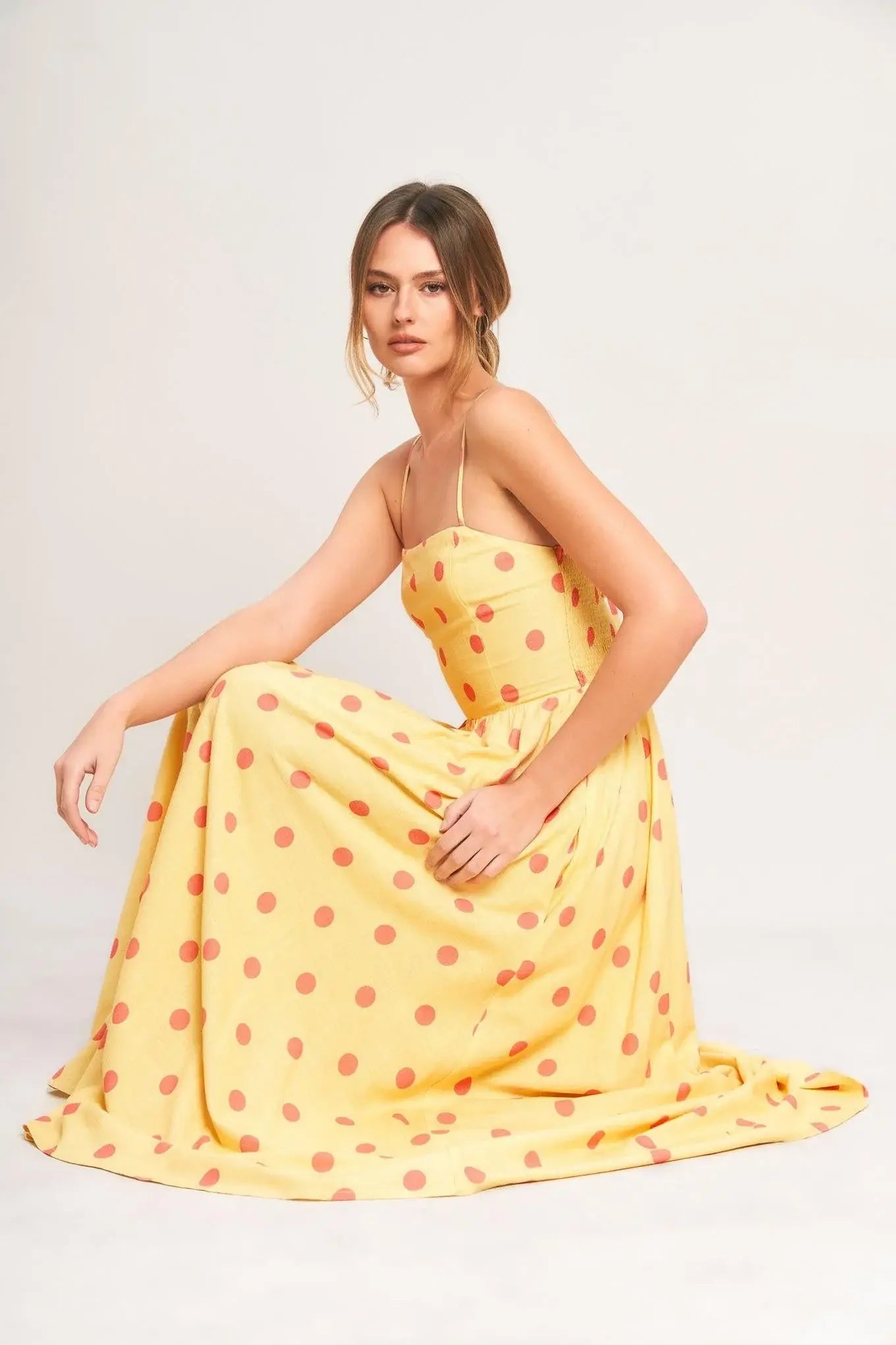 GOLDEN SUMMER POLKA WOVEN MIDI DRESS - Flying Tomato - Flyclothing LLC
