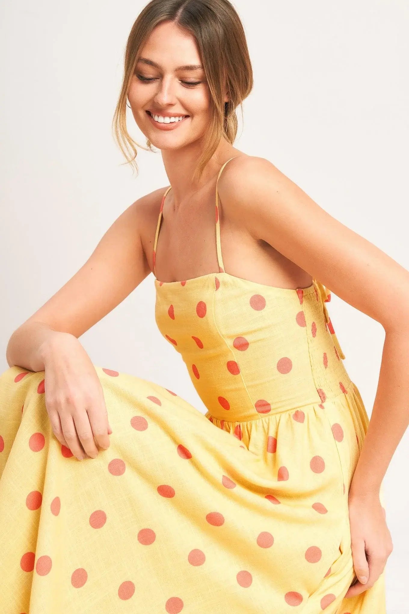 GOLDEN SUMMER POLKA WOVEN MIDI DRESS - Flying Tomato - Flyclothing LLC