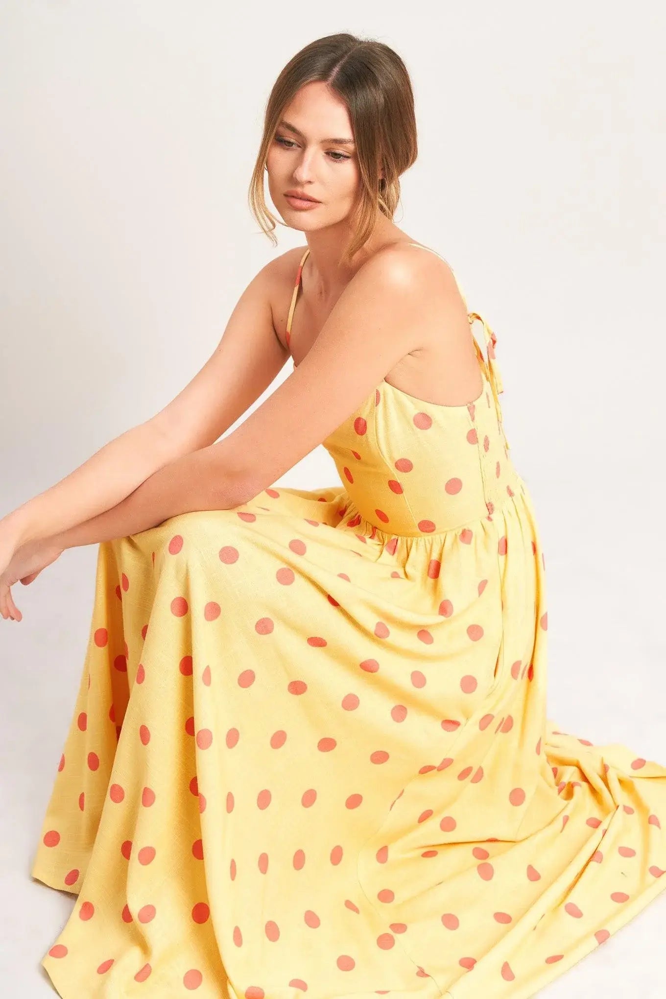 GOLDEN SUMMER POLKA WOVEN MIDI DRESS - Flying Tomato - Flyclothing LLC